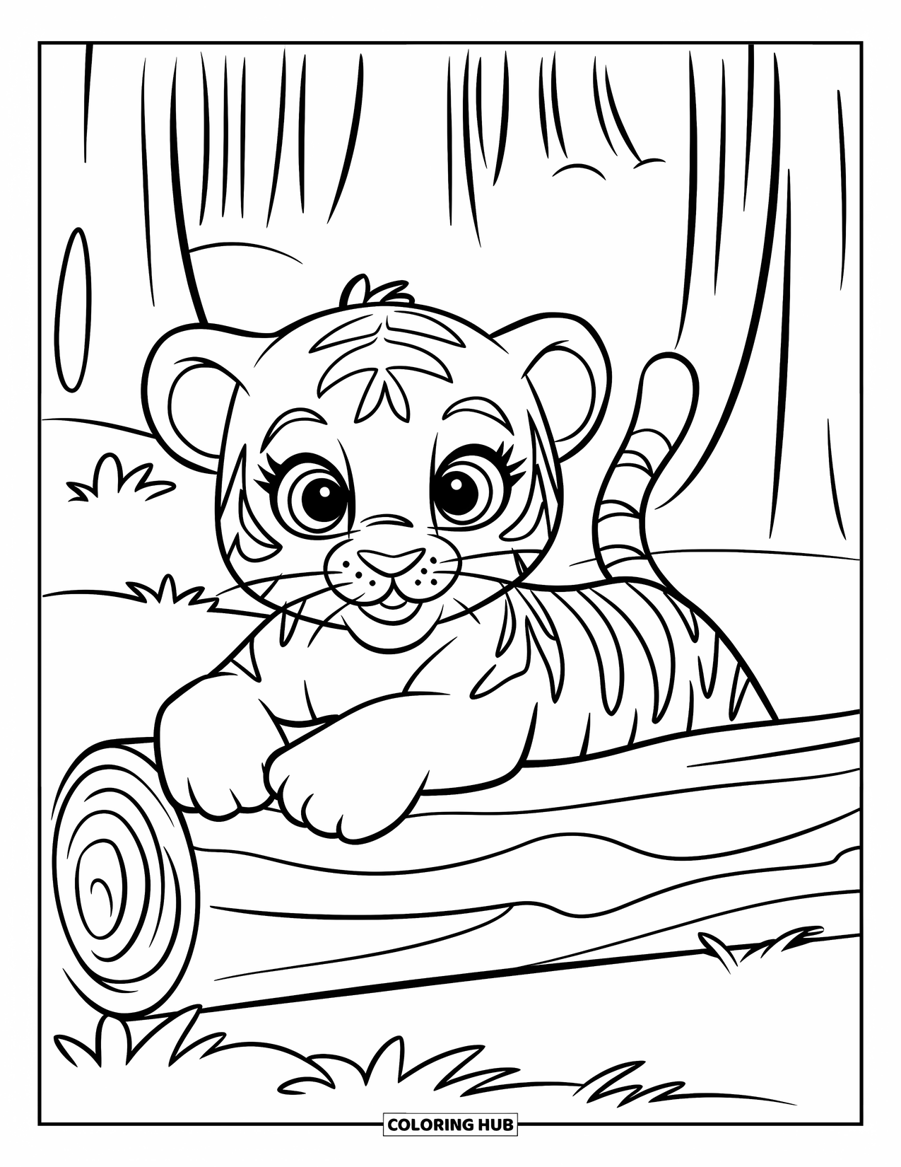 Kolorowanka z Tygryskiem dla Dzieci: Uroczy tygrys leży na brzuchu obok kłody z szeroko otwartymi, figlarnymi oczami