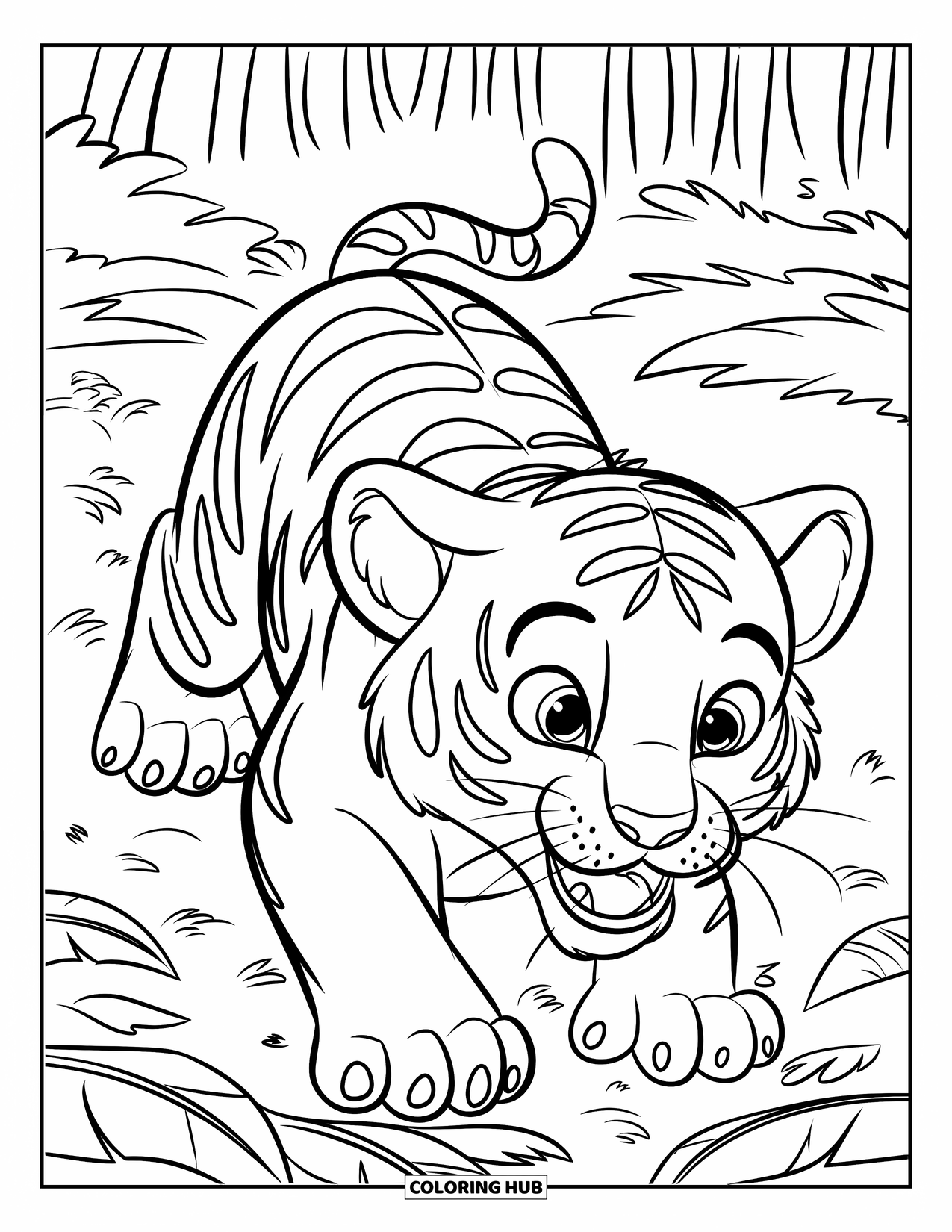 Kolorowanka z Tygryskiem dla Dzieci: Drapieżny tygrysiątko przemierza dżunglę, szeroko otwarte i czujne oczy