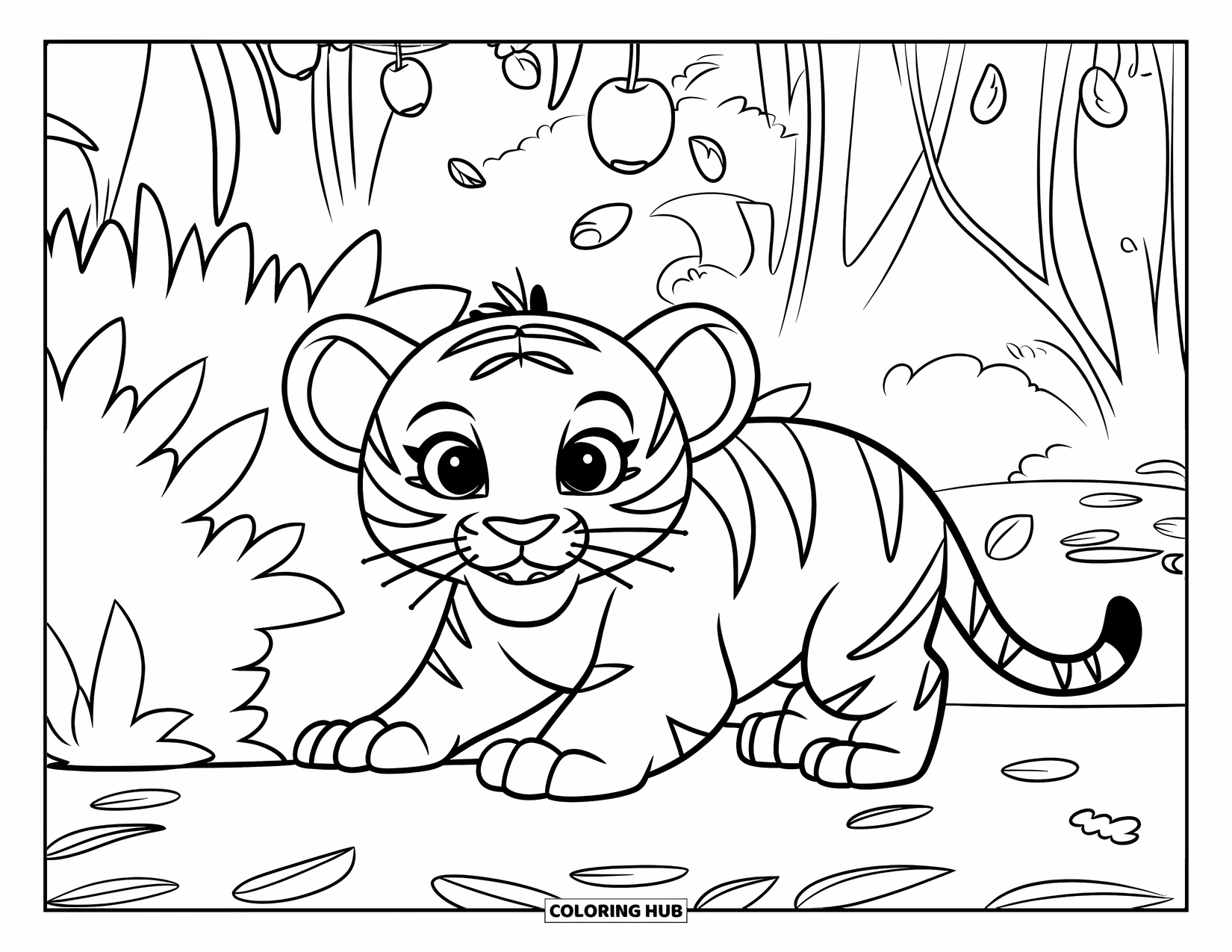 Kolorowanka z Tygryskiem dla Dzieci: Mały tygrys ukrywa się w zaroślach, gotowy do skoku na opadające owoce