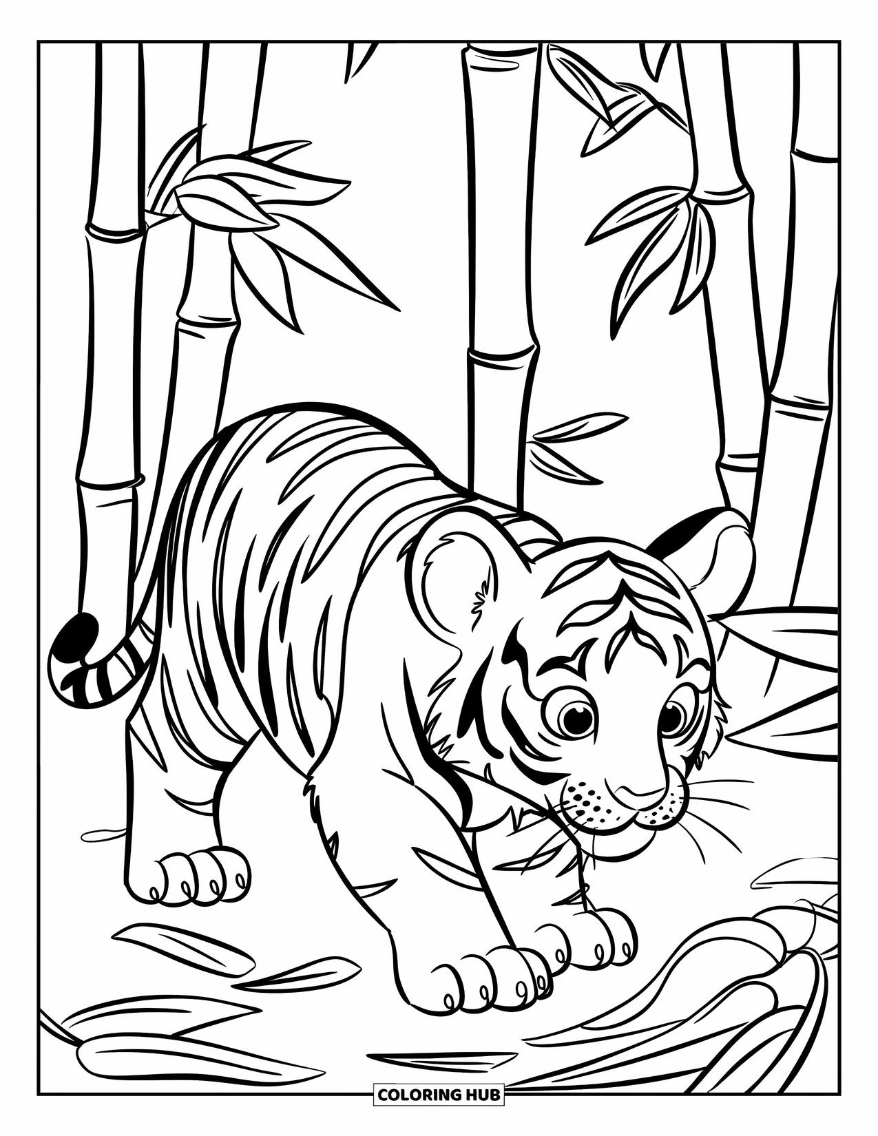 Kolorowanka z Tygryskiem dla Dzieci: Mały tygrys przemieszcza się przez wysokie bambusy, cicho obserwując swoją ścieżkę