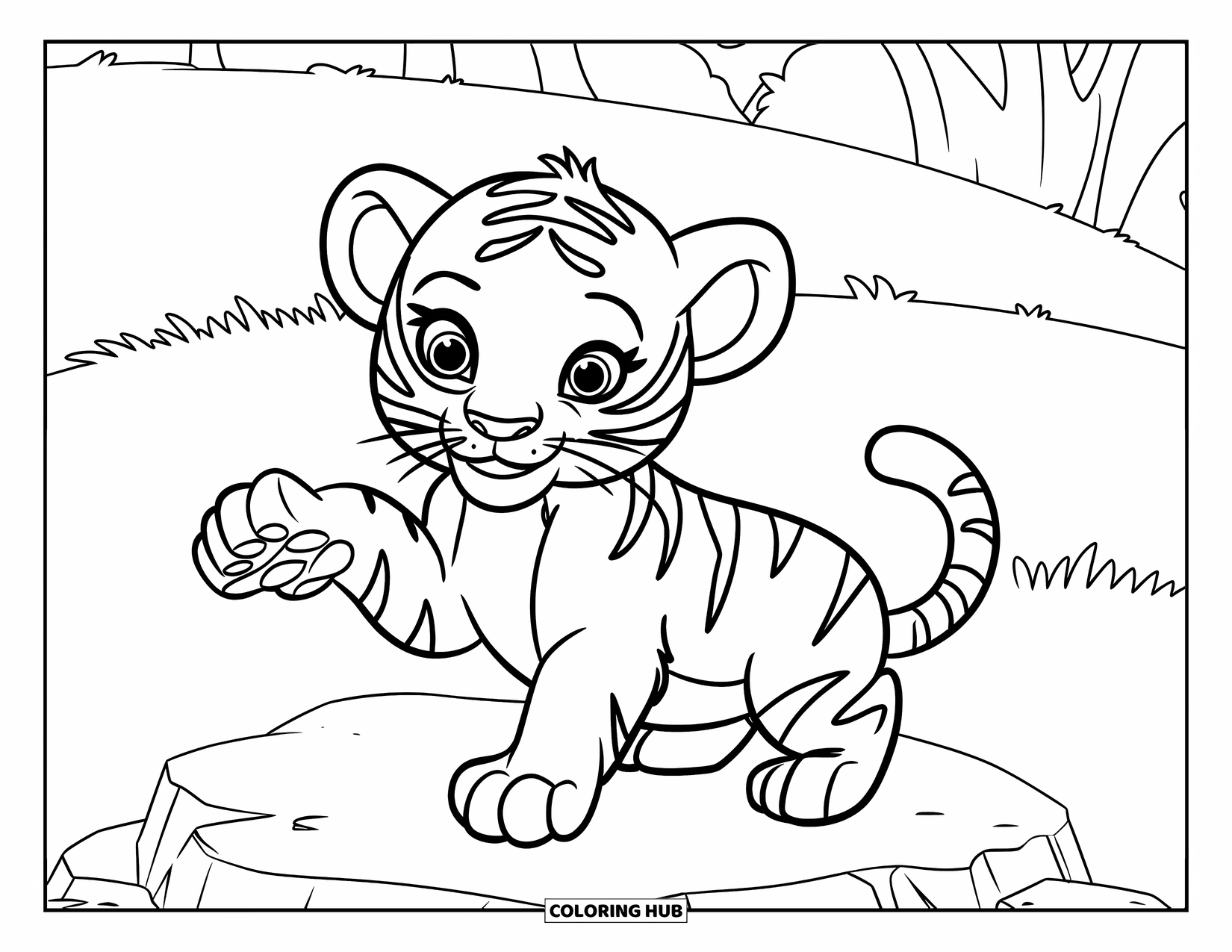 Kolorowanka z Tygryskiem dla Dzieci: Mały tygrys na skale podnosi łapę w figlarnej radości