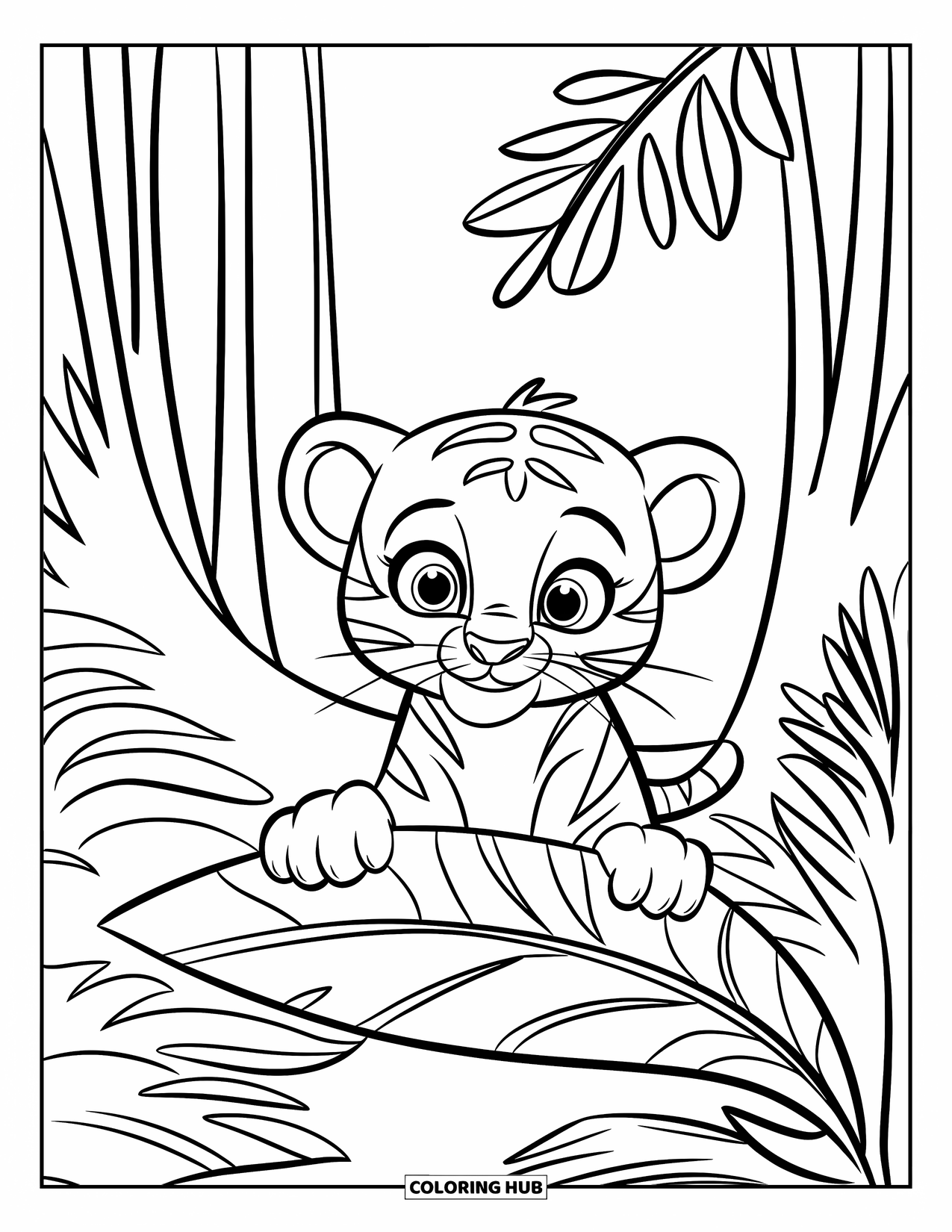Kolorowanka z Tygryskiem dla Dzieci: Mały tygrys spogląda zza odważnego liścia dżungli z radosnym spojrzeniem