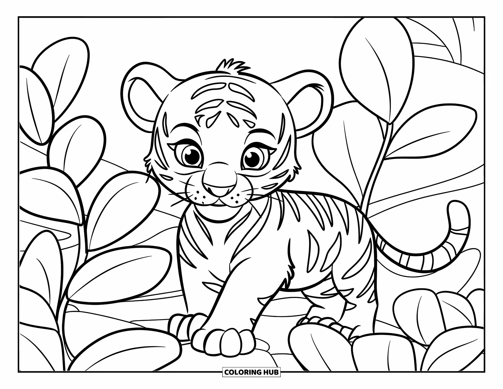 Kolorowanka z Tygryskiem dla Dzieci: Mały tygrys nieśmiało spogląda zza dużego liściastego krzaka