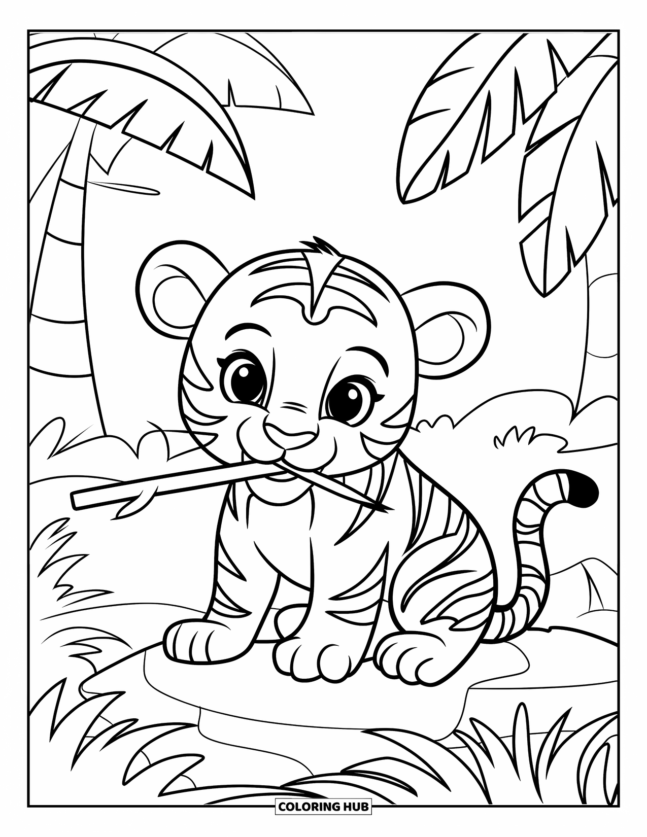 Kolorowanka z Tygryskiem dla Dzieci: Mały tygrys siedzi pod palmami, żując patyczek w cieniu