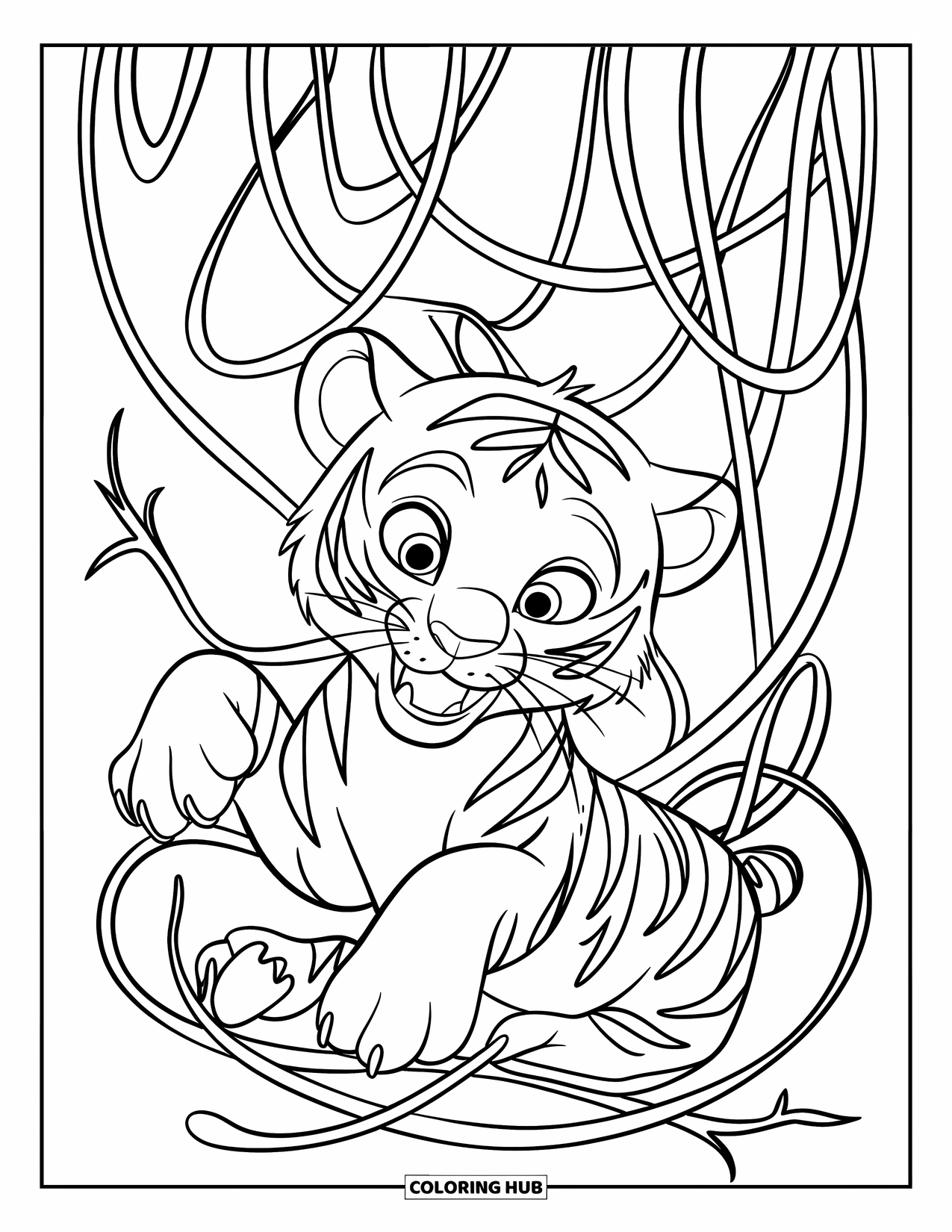 Kolorowanka z Tygryskiem dla Dzieci: Mały tygrys zaplątany w gęstych winoroślach, pokazując swoje drobne ząbki