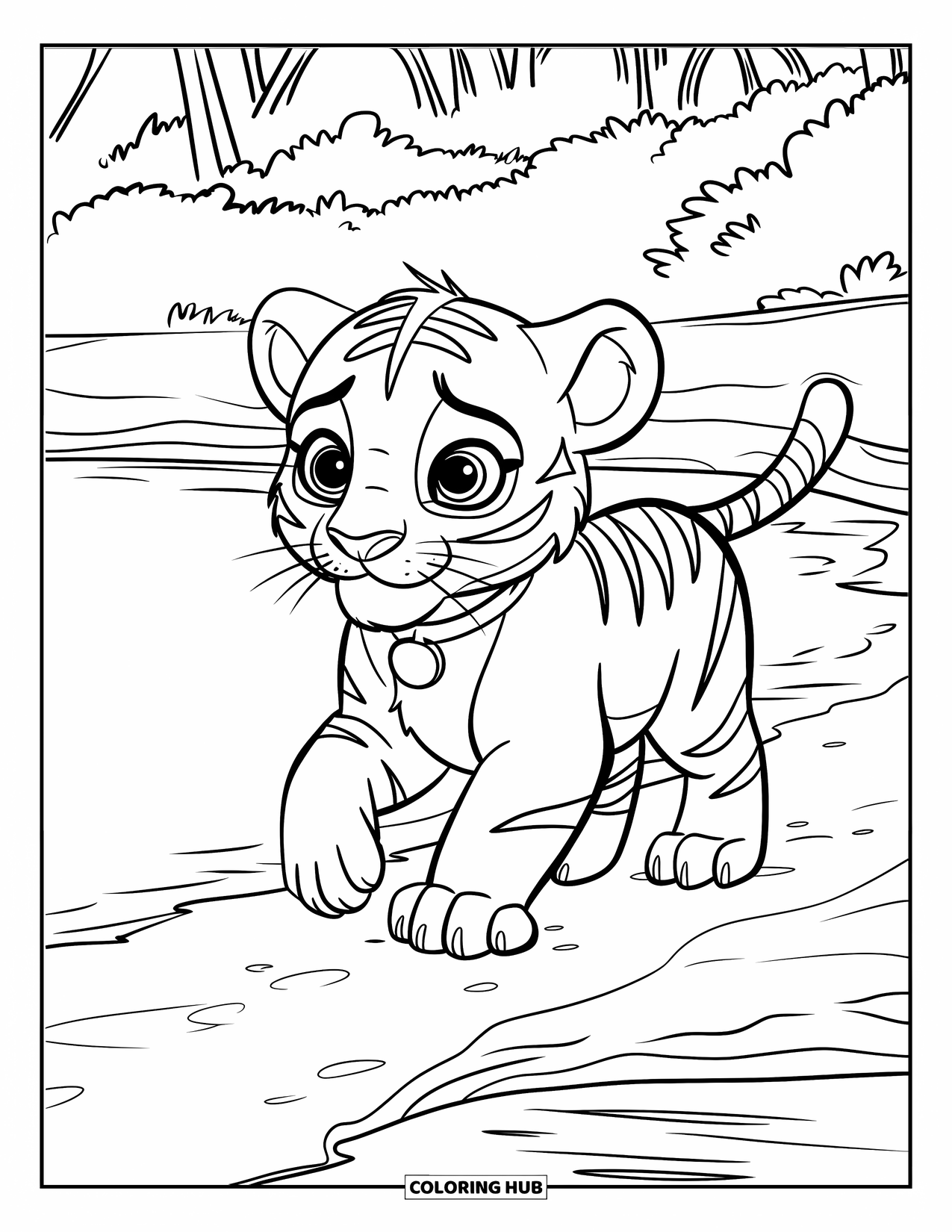 Kolorowanka z Tygryskiem dla Dzieci: Mały tygrys spaceruje przy wodzie z dużymi oczami i figlarnym wizerunkiem