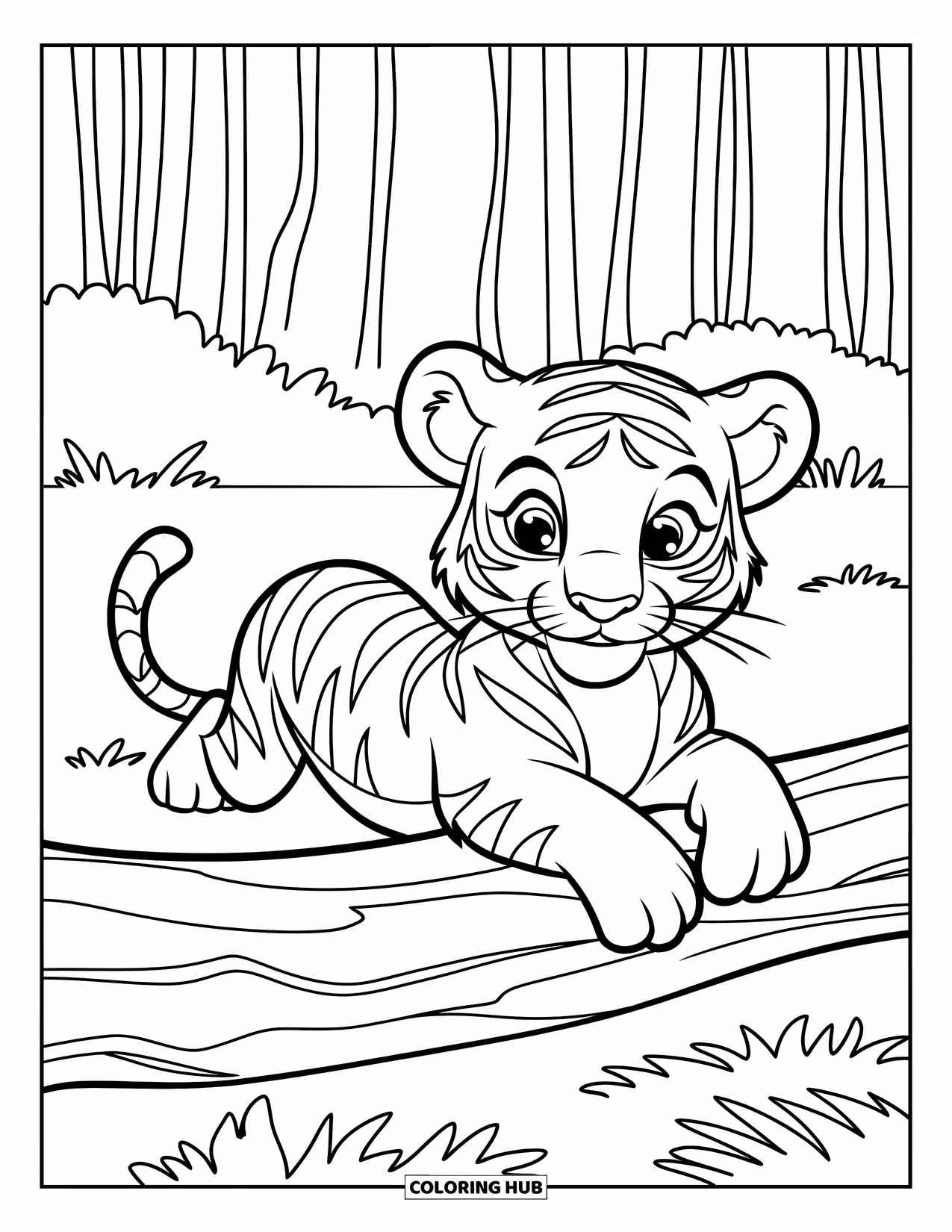 Kolorowanka z Tygryskiem dla Dzieci: Figlarne tygrysiątko odpoczywa obok kłody w liściastym lesie