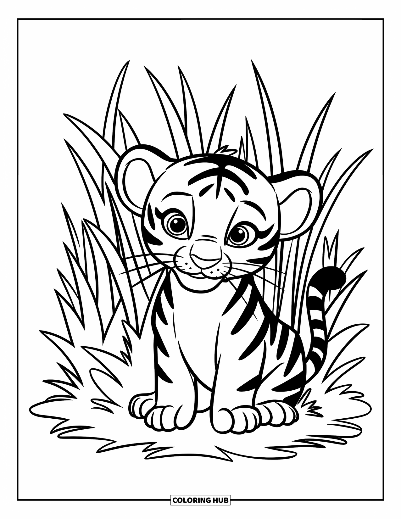 Kolorowanka z Tygryskiem dla Dzieci: Figlarne tygrysiątko siedzi spokojnie wśród wysokiej trawy z szeroko otwartymi oczami