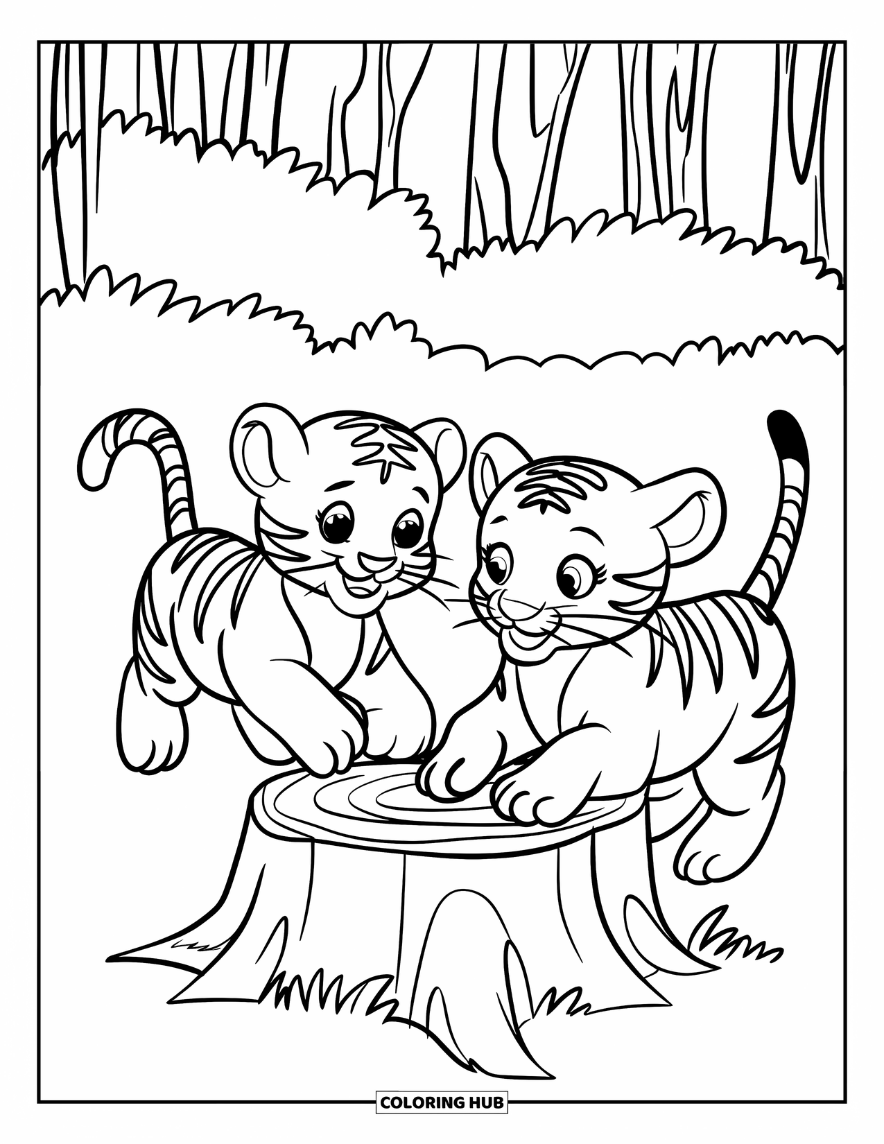 Kolorowanka z Tygryskiem dla Dzieci: Figlarne maluszki biegają w kółko wokół drewnianego pniaka w lesie