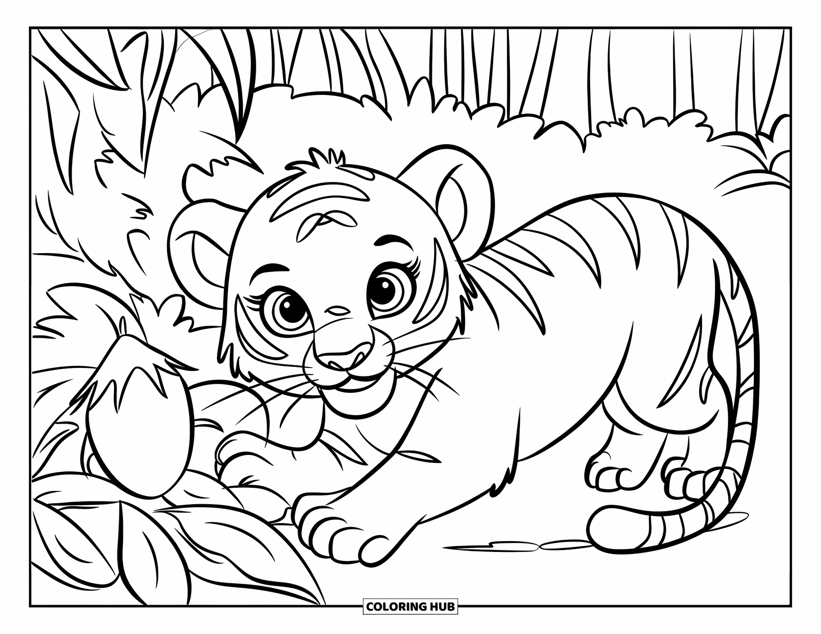 Kolorowanka z Tygryskiem dla Dzieci: Figlarny tygrys czai się nisko za krzakami, gotowy na zabawę z tropikalnymi owocami