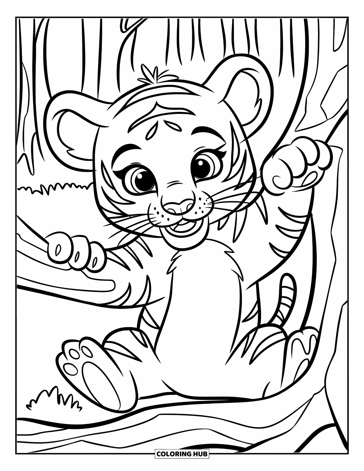 Kolorowanka z Tygryskiem dla Dzieci: Figlarny tygrys trzyma gałązkę siedząc w pionie w lesie