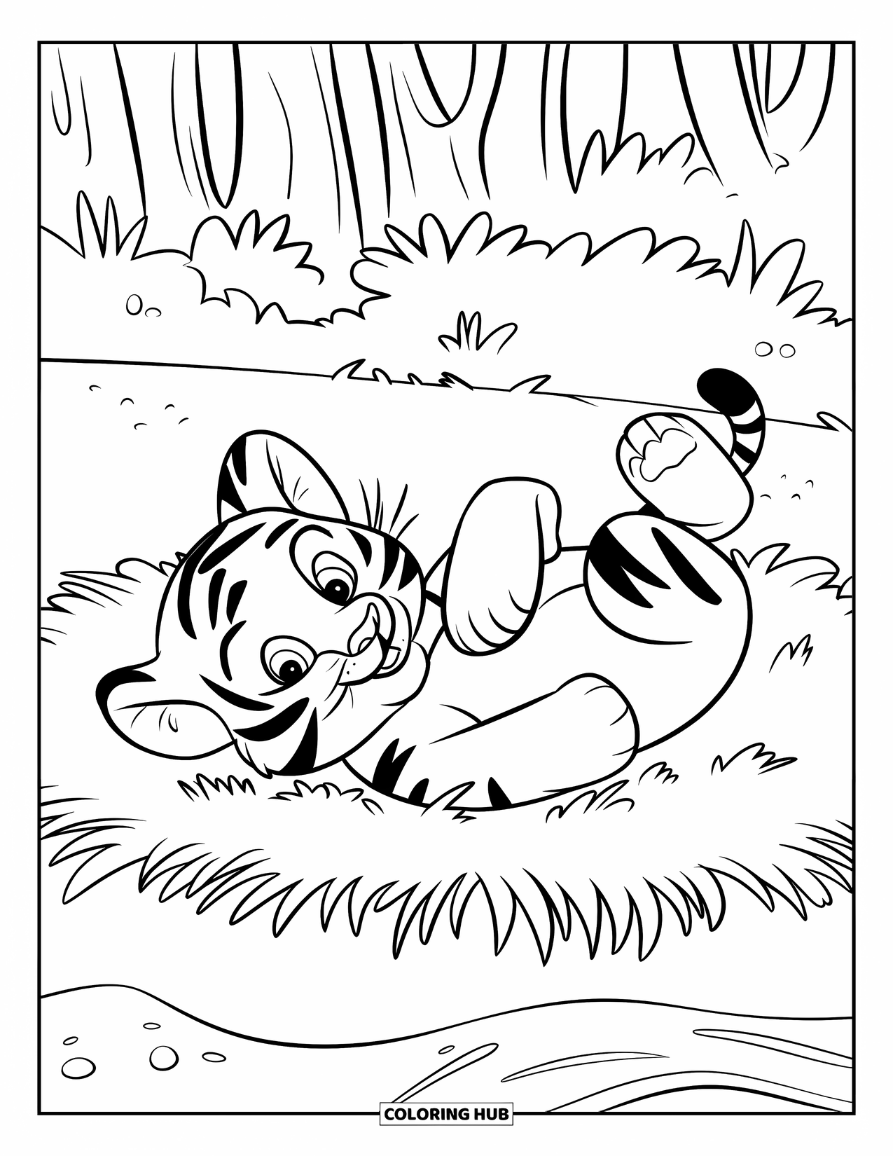 Kolorowanka z Tygryskiem dla Dzieci: Figlarny tygrys leży na plecach, z uniesionymi łapami w trawiastym lesie