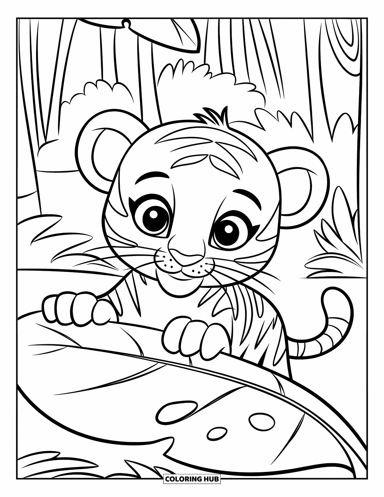 Kolorowanka z Tygryskiem dla Dzieci: Figlarny tygrys spogląda zza dużego ukrycia w liściach dżungli