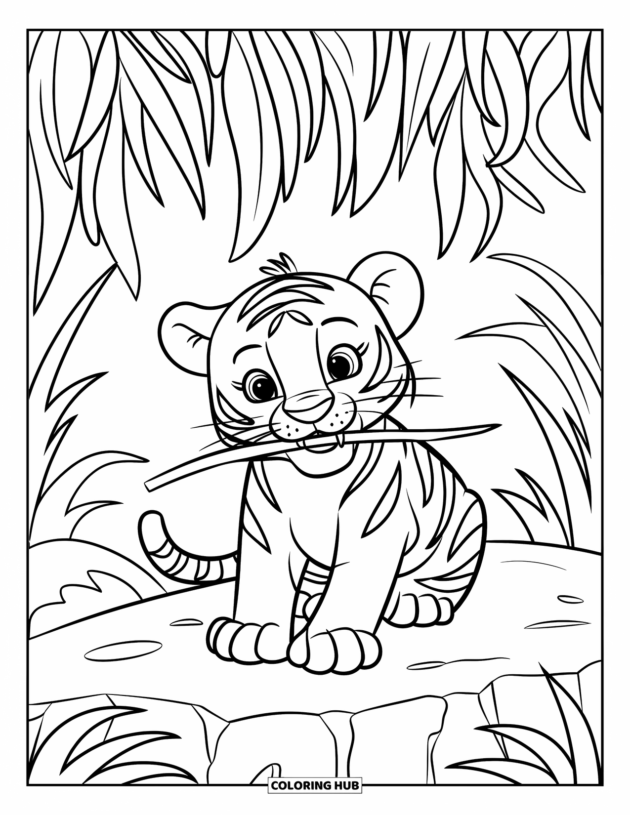 Kolorowanka z Tygryskiem dla Dzieci: Figlarny tygrys siedzi na skale, żując patyk w wysokiej trawie
