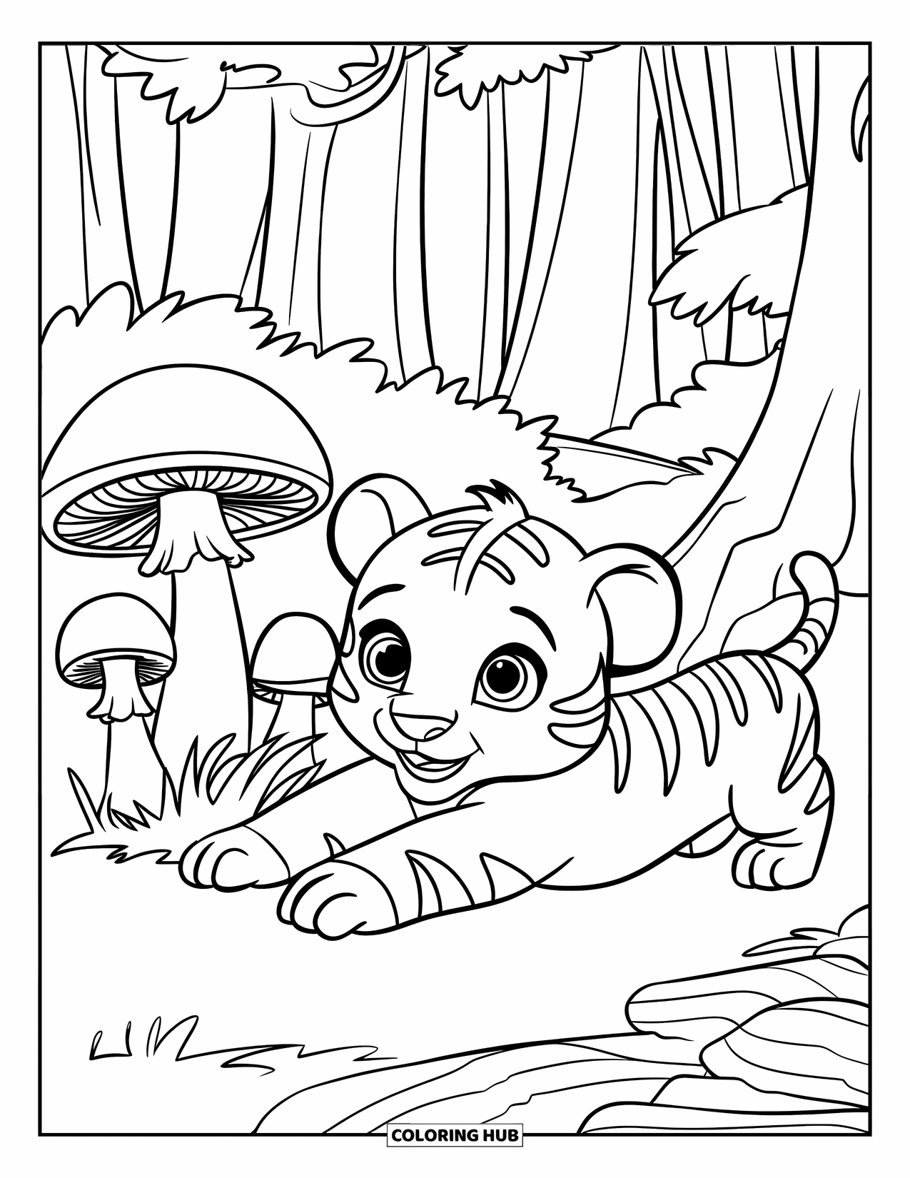 Kolorowanka z Tygryskiem dla Dzieci: Figlarny tygrys rozciąga się obok kręgu rozczochranych grzybów