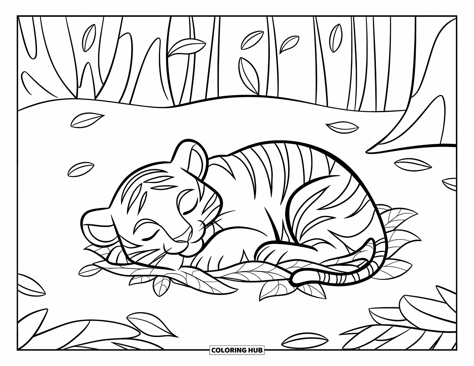 Kolorowanka z Tygryskiem dla Dzieci: Senne małe tygrysy odpoczywają w opadłych liściach pod wysokimi drzewami