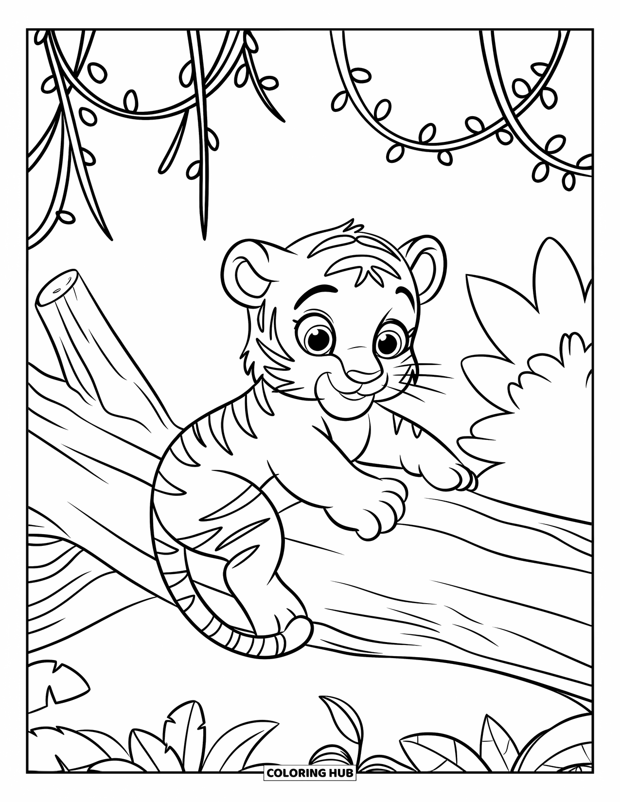 Kolorowanka z Tygryskiem dla Dzieci: Tygrysiątko wspina się na powalone drzewo w liściastej dżungli