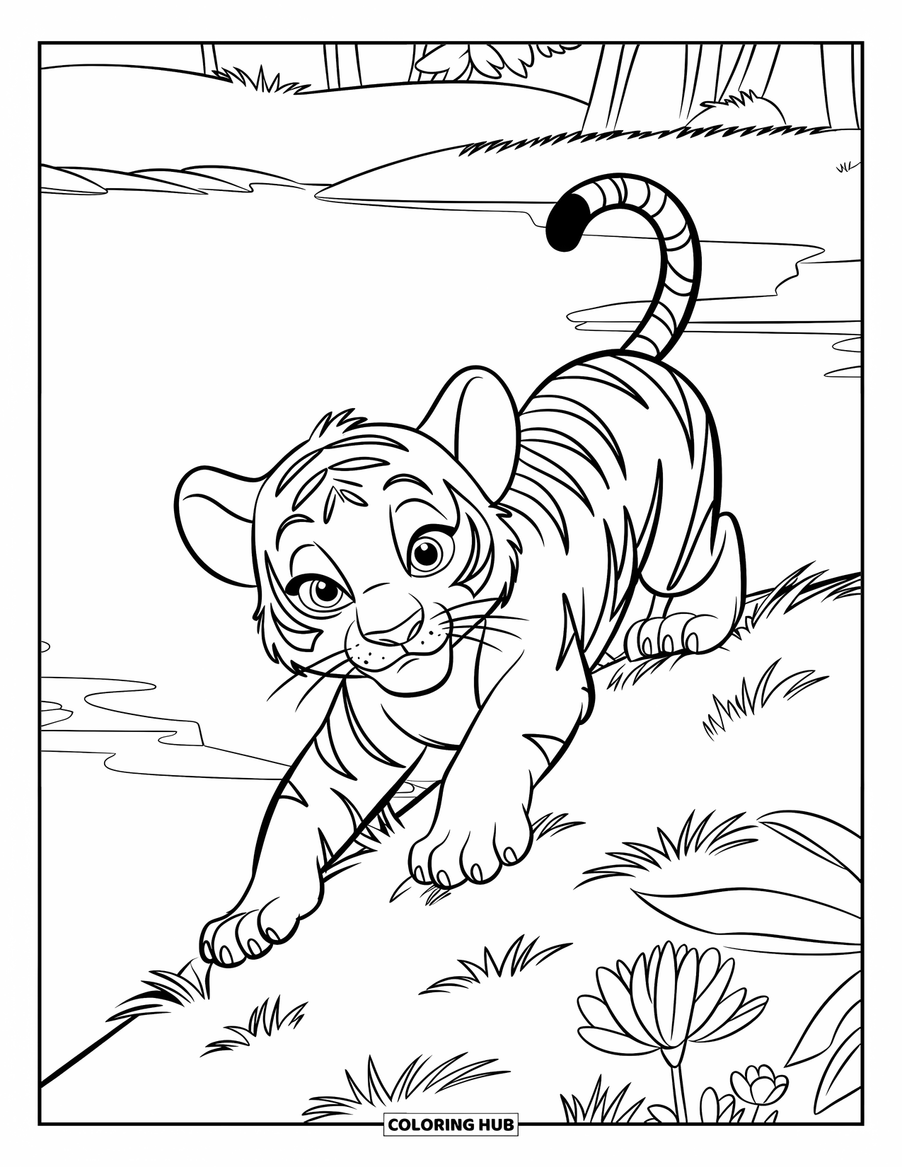 Kolorowanka z Tygryskiem dla Dzieci: Tygrysiątko wspina się na małe wzgórze z kwiatami i drzewami w pobliżu