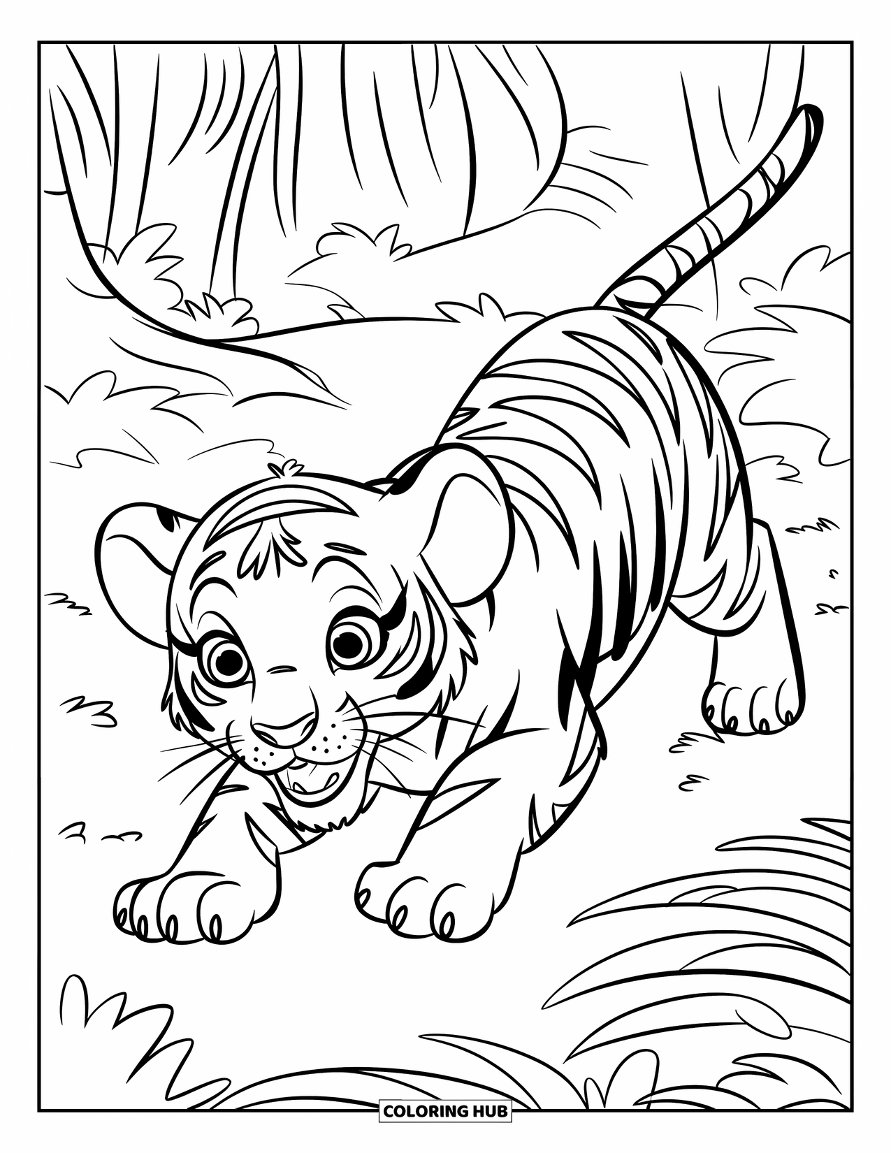 Kolorowanka z Tygryskiem dla Dzieci: Tygrysiątko skrada się przez gęsty dżunglowy gąszcz, gotowe do akcji