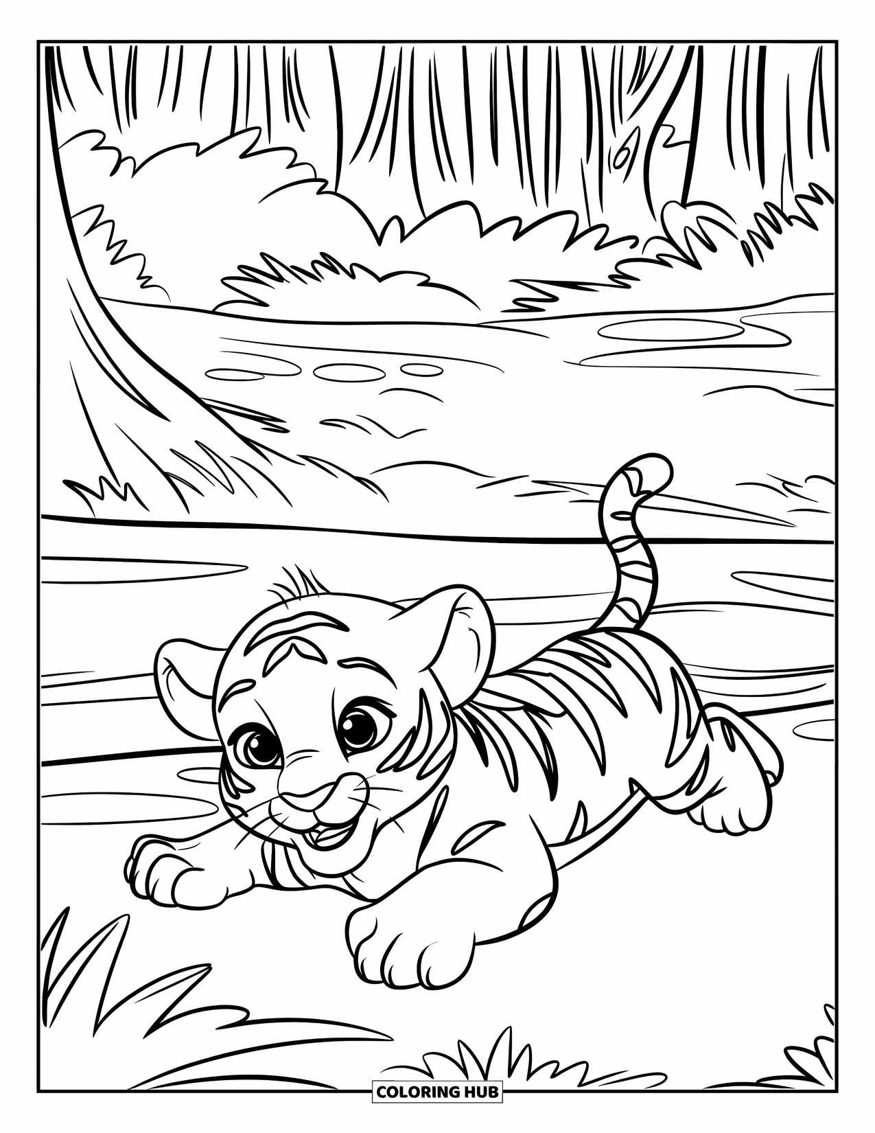 Kolorowanka z Tygryskiem dla Dzieci: Tygrysiątko leży obok kłody w figlarnej pozie na leśnej ścieżce