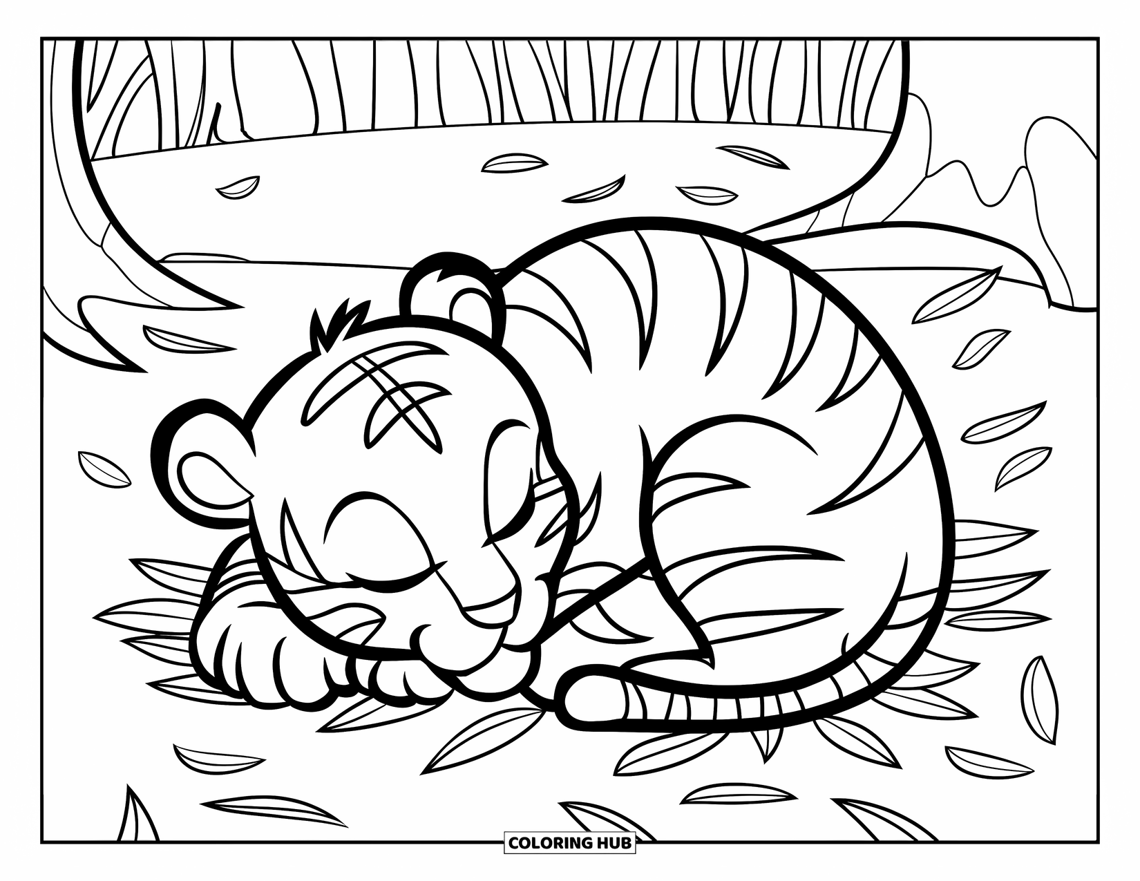 Kolorowanka z Tygryskiem dla Dzieci: Tygrysiątko drzemie spokojnie na liściastym lesnym podłożu