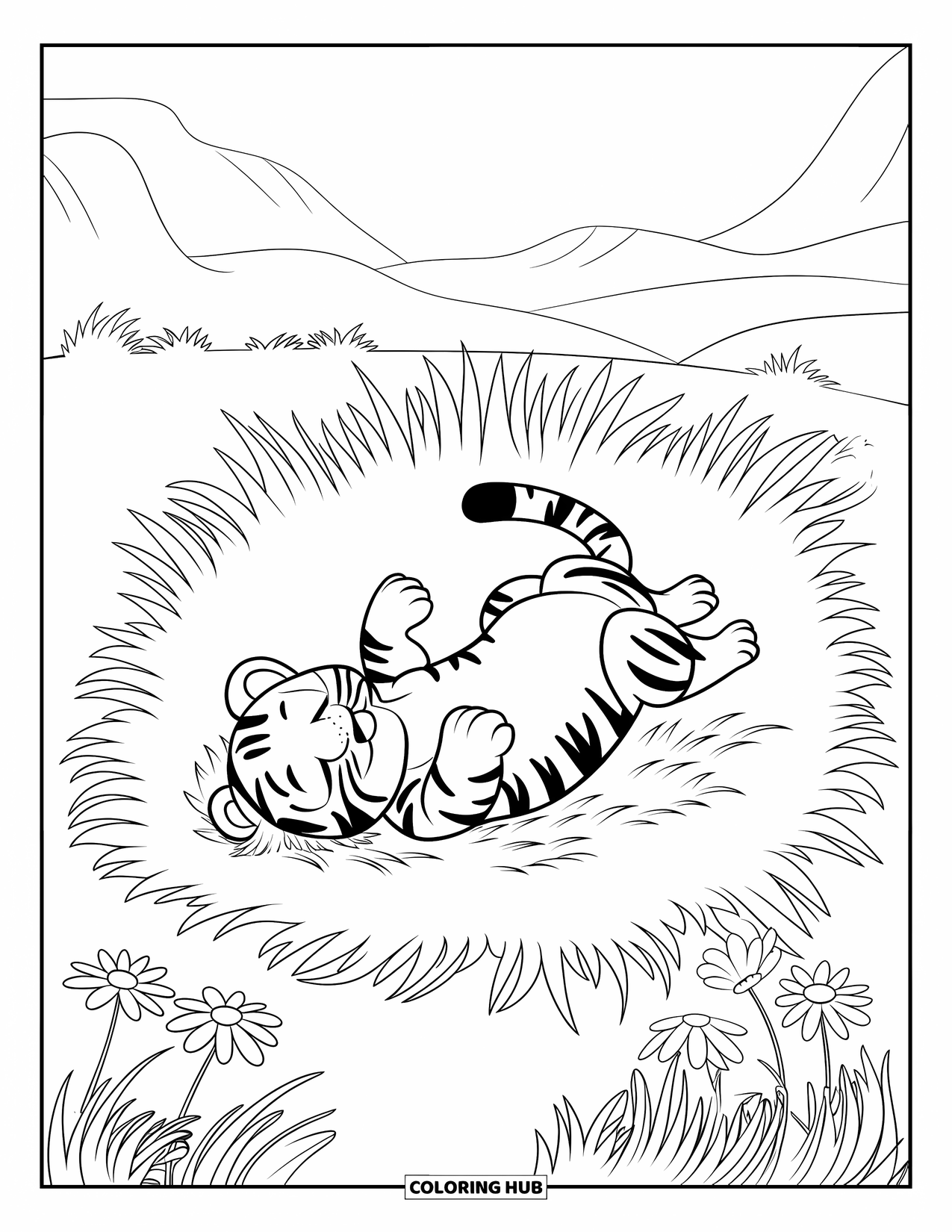 Kolorowanka z Tygryskiem dla Dzieci: Tygrysiątko z radością toczy się w miękkiej trawie blisko widoku na góry