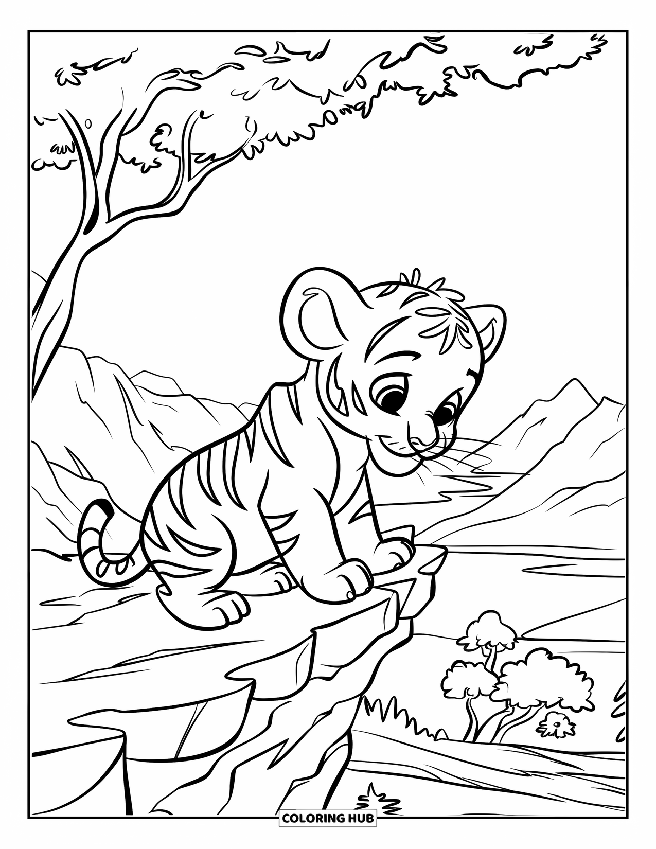 Kolorowanka z Tygryskiem dla Dzieci: Tygrysiątko siedzi wysoko na skalnej półce, wpatrując się w widok