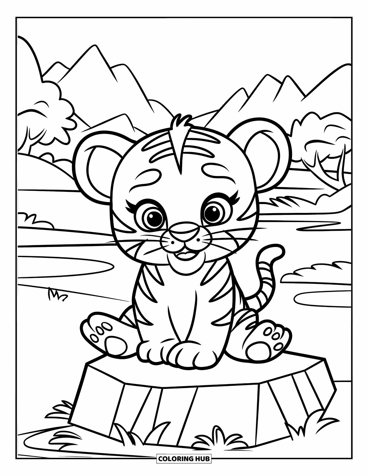 Kolorowanka z Tygryskiem dla Dzieci: Tygrysiątko siedzi na skale z łapami rozciągniętymi blisko spokojnego widoku na góry