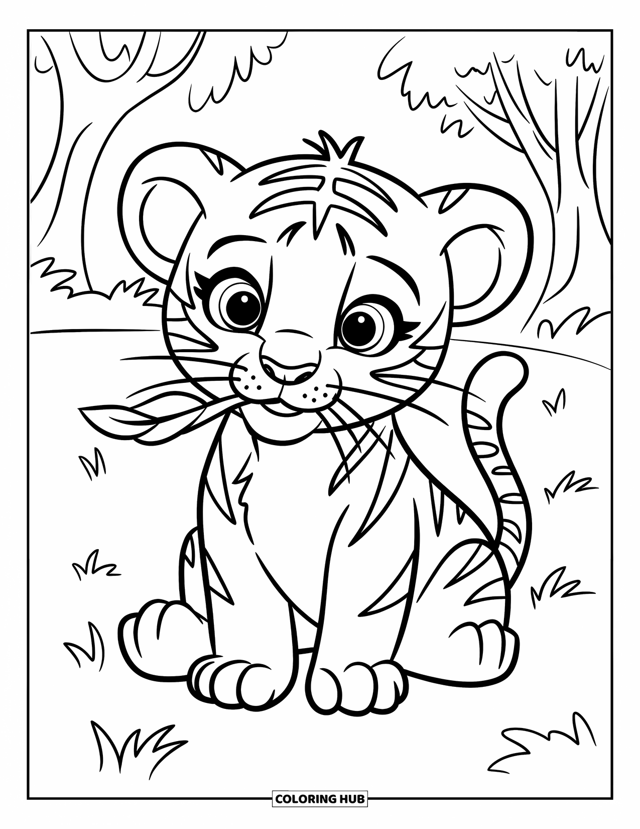 Kolorowanka z Tygryskiem dla Dzieci: Tygrysiątko siedzi z liściem w pyszczku, wyglądając słodko
