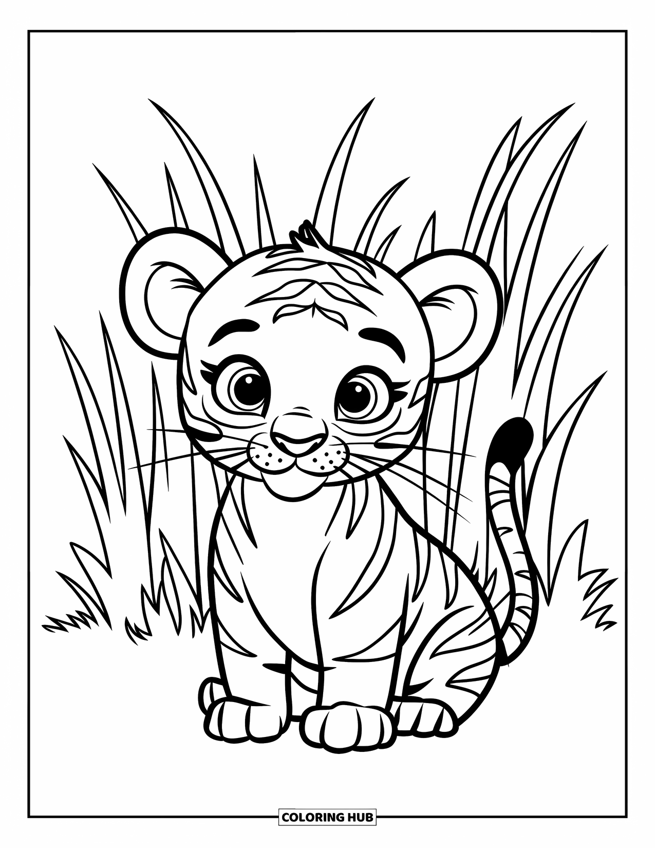 Kolorowanka z Tygryskiem dla Dzieci: Tygrysiątko siedzi z zakręconym ogonem przed wysoką trawą