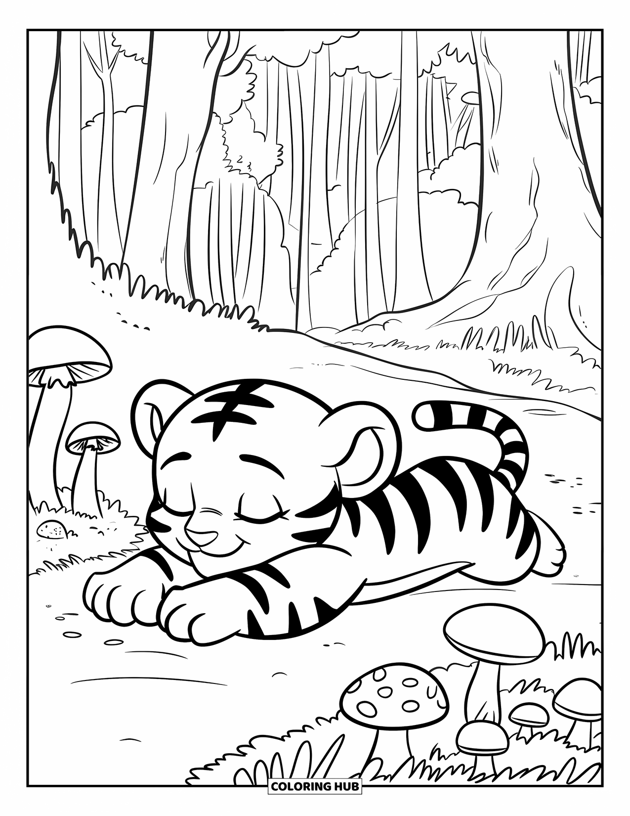 Kolorowanka z Tygryskiem dla Dzieci: Tygrysiątko rozciąga się przy grzybach z zamkniętymi i zrelaksowanymi oczami