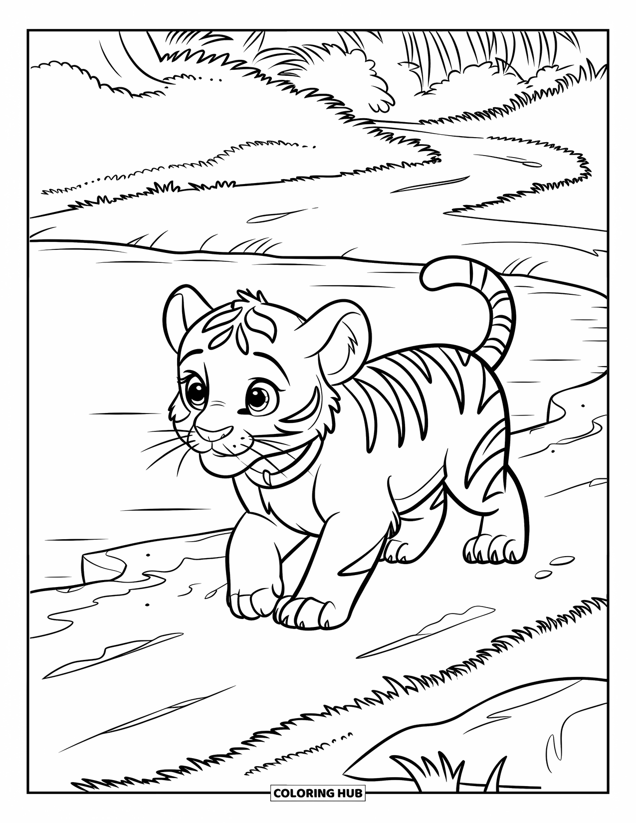 Kolorowanka z Tygryskiem dla Dzieci: Tygrysiątko spaceruje wzdłuż rzeki, nosząc uroczy kołnierzyk