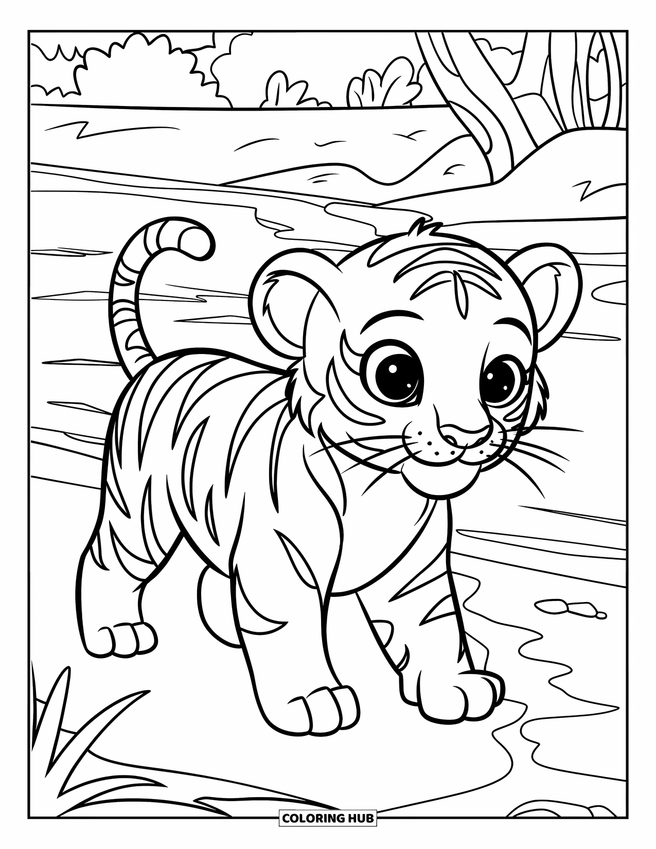 Kolorowanka z Tygryskiem dla Dzieci: Tygrysiątko spaceruje brzegiem rzeki z drzewami i skałami w pobliżu
