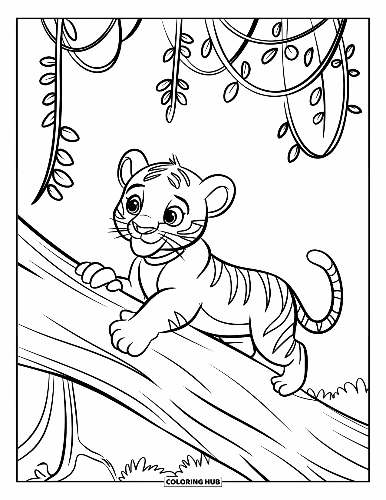 Kolorowanka z Tygryskiem dla Dzieci: Tygrysiątko w obroży wspina się na drzewo w lesie