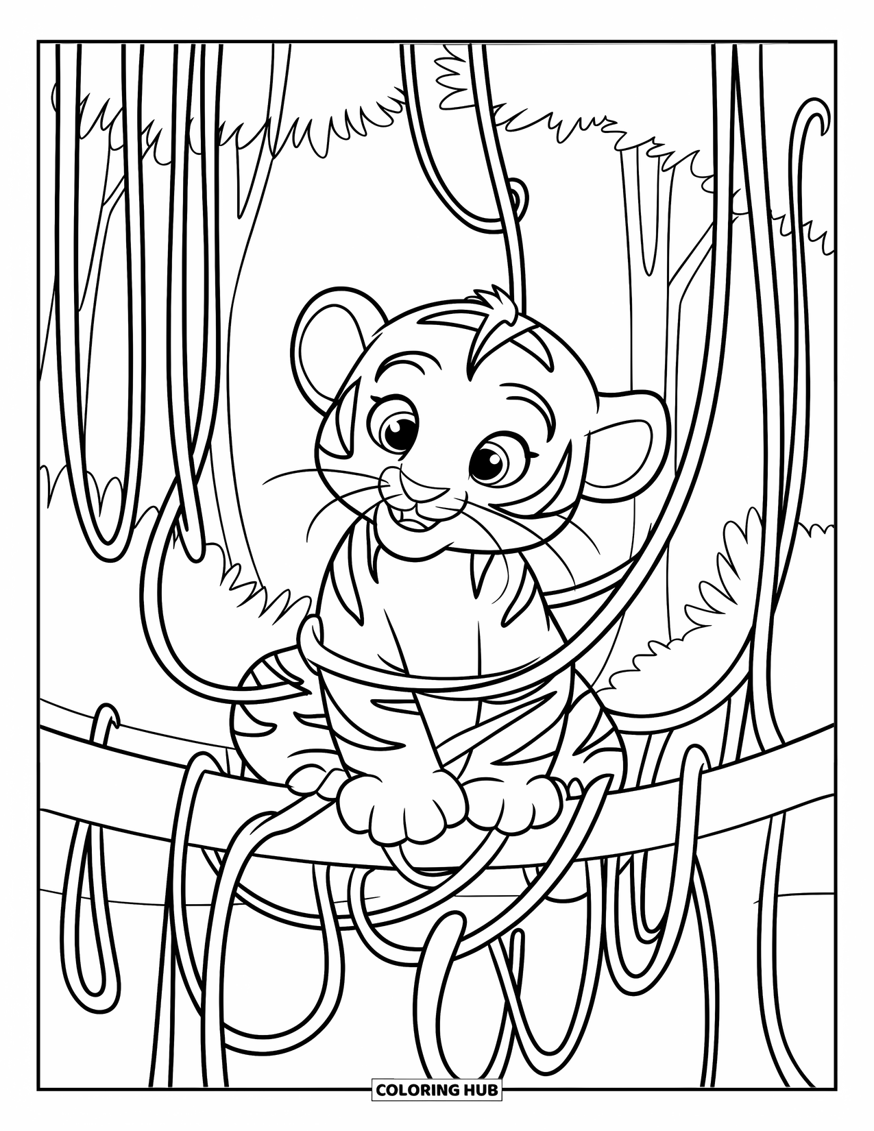 Kolorowanka z Tygryskiem dla Dzieci: Tygrysiątko szeroko otwarte oczy na gałęzi, owinięty długimi winoroślami