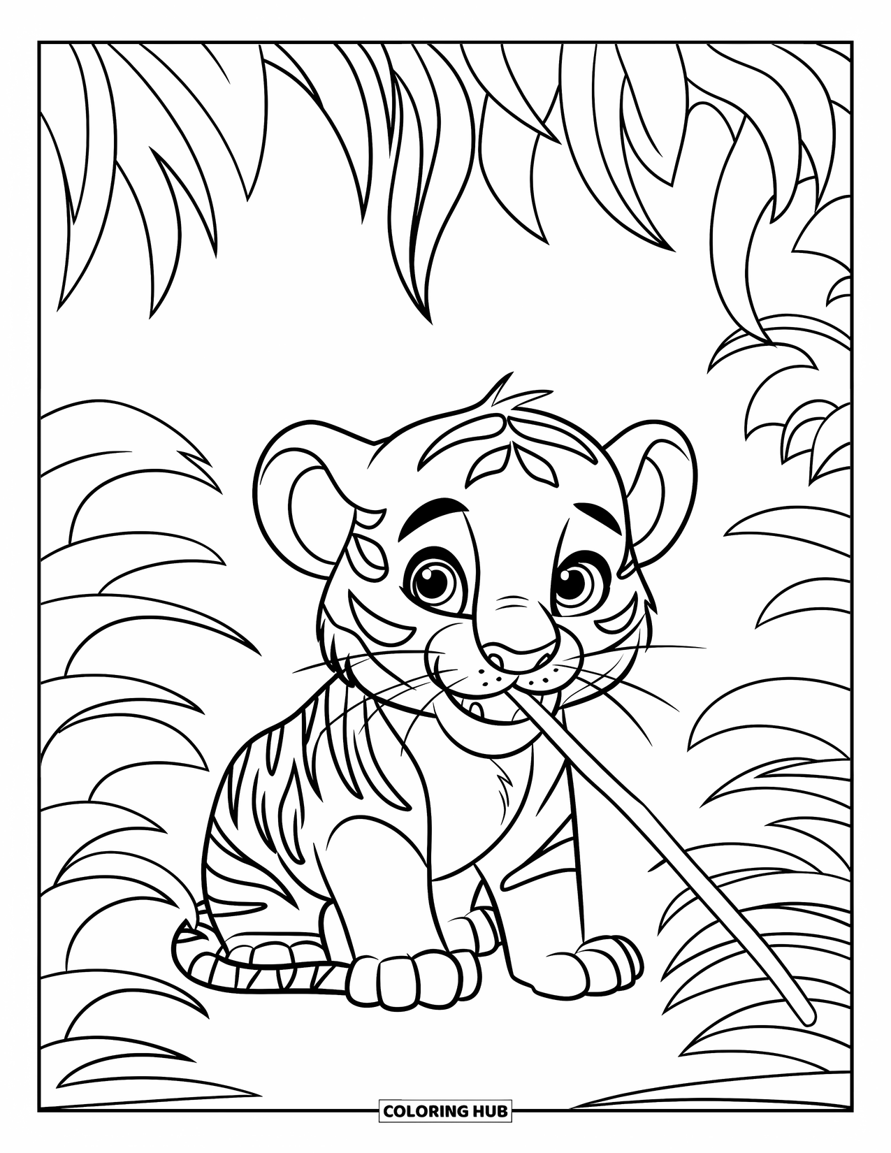 Kolorowanka z Tygryskiem dla Dzieci: Tygrysiątko z szeroko otwartymi oczami żuje patyk w dżungli