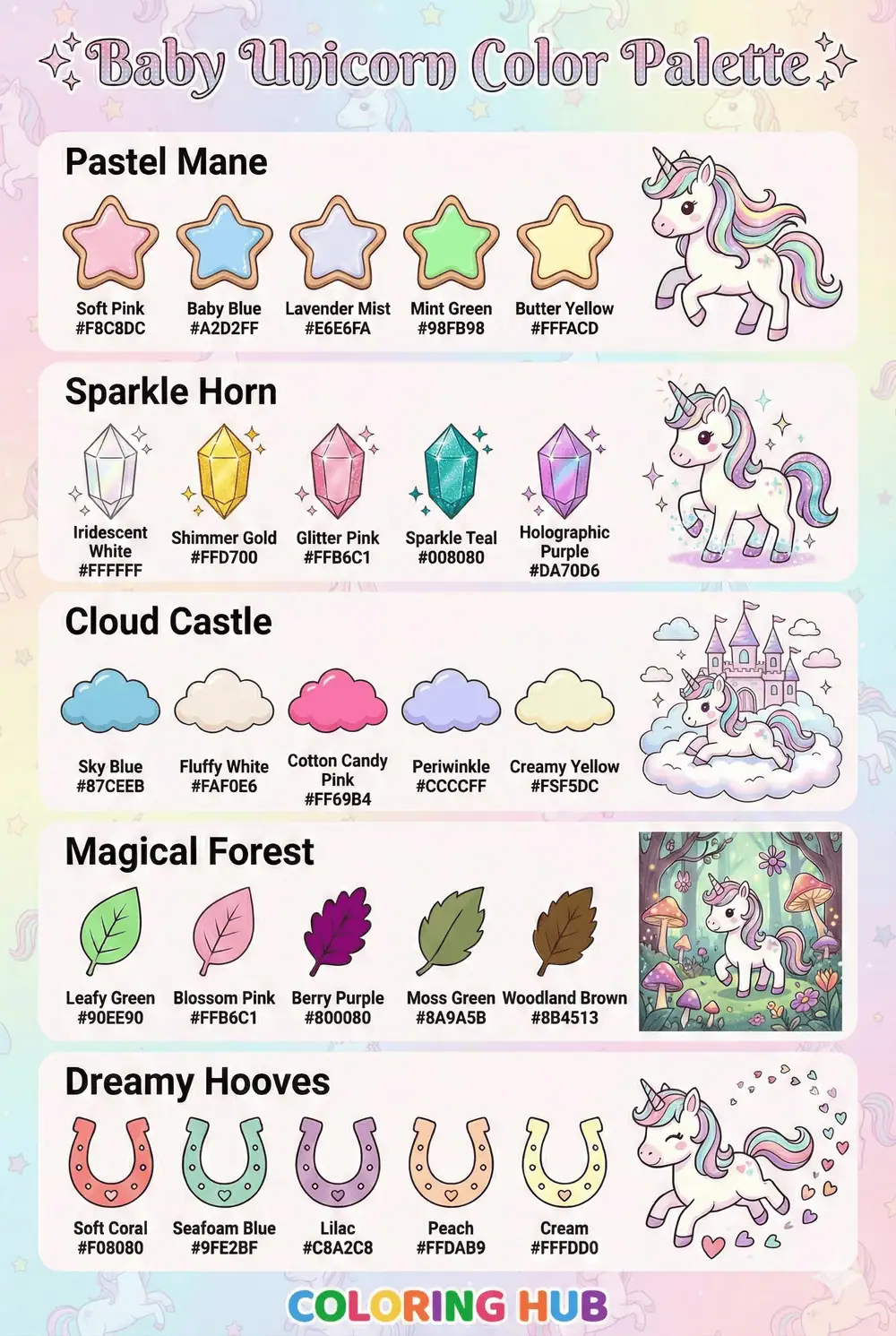 Baby Unicorn Coloring Page Color Palettes