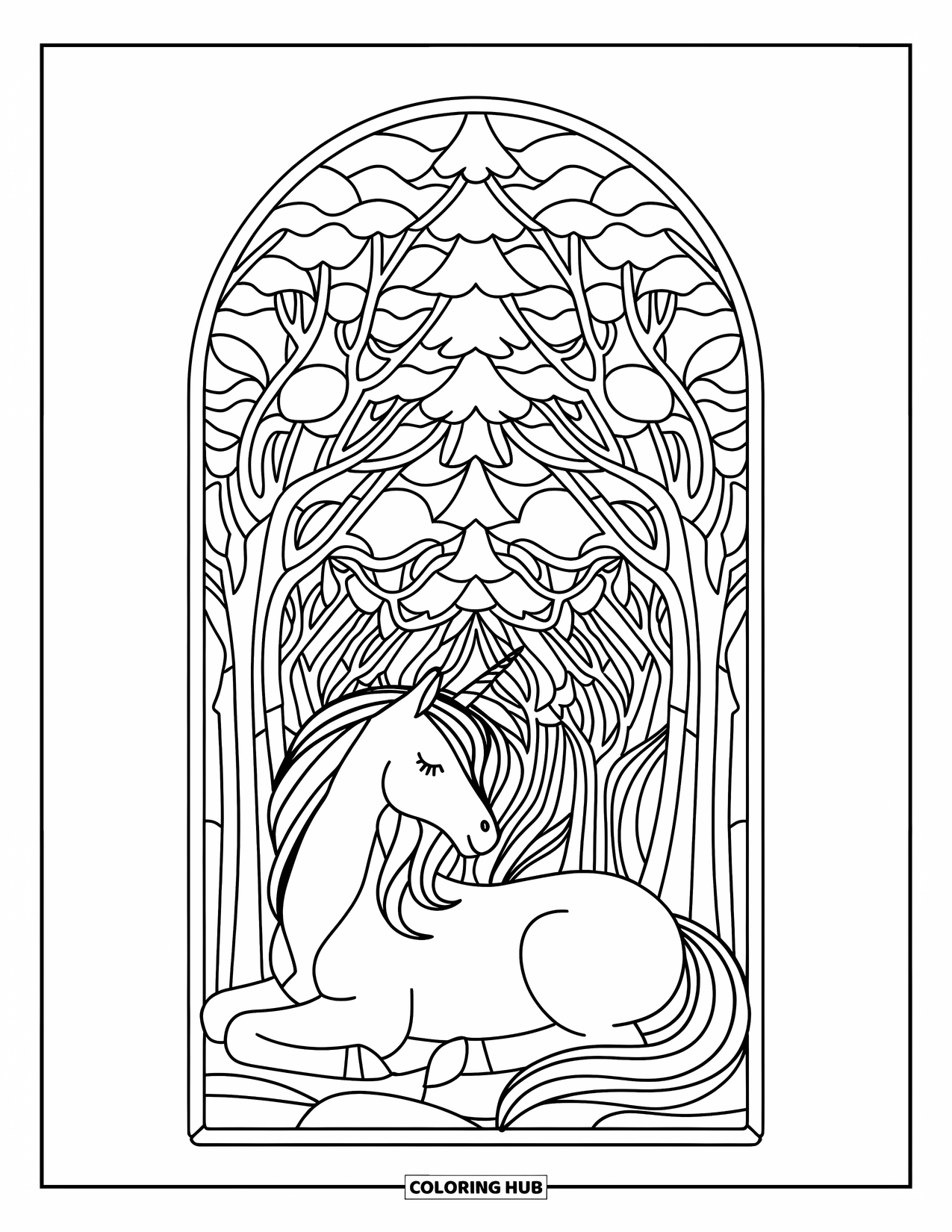 Baby Eenhoorn Kleurplaat voor Volwassenen: Een eenhoorn ligt rustig in een glas-in-lood bosraam met dikke lijnen