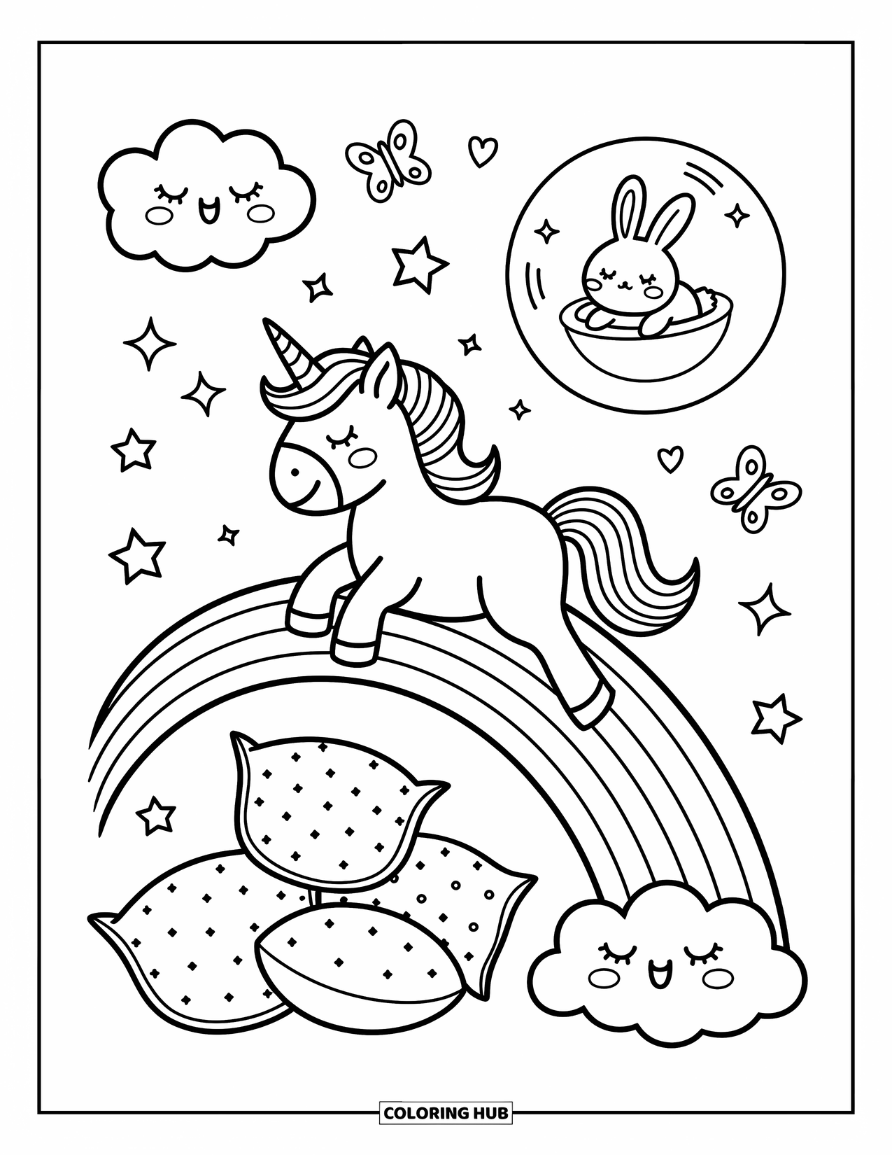 Baby Eenhoorn Kleurplaat voor Volwassenen: Een eenhoorn rijdt op een regenboog langs harten, kussens en een konijn in een bubbel