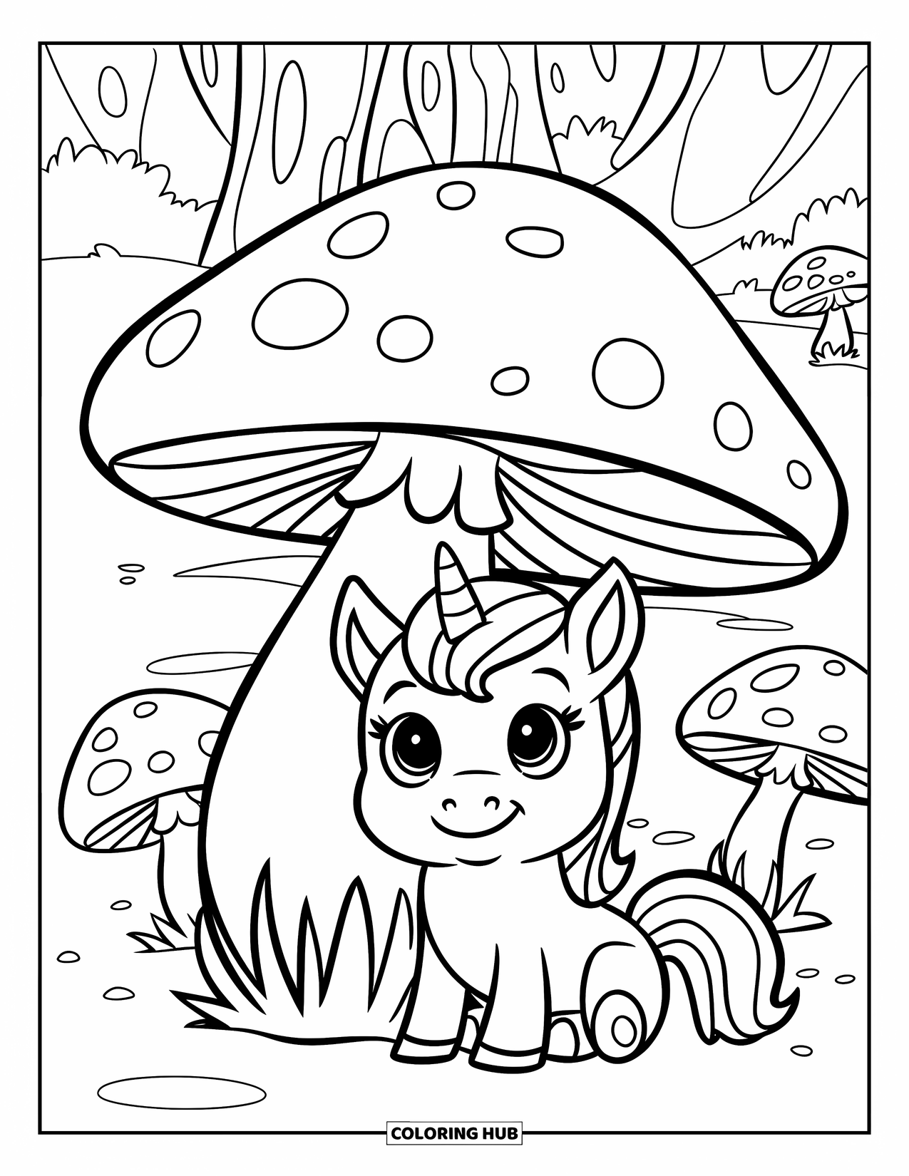 Baby Eenhoorn Kleurplaat voor Kinderen: Een baby eenhoorn zit rustig onder een gigantische paddenstoel in het bos