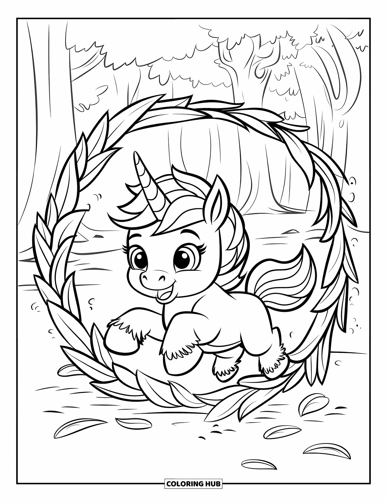 Baby Eenhoorn Kleurplaat voor Kinderen: Een baby eenhoorn met een bladerkroon springt door een groene portaal