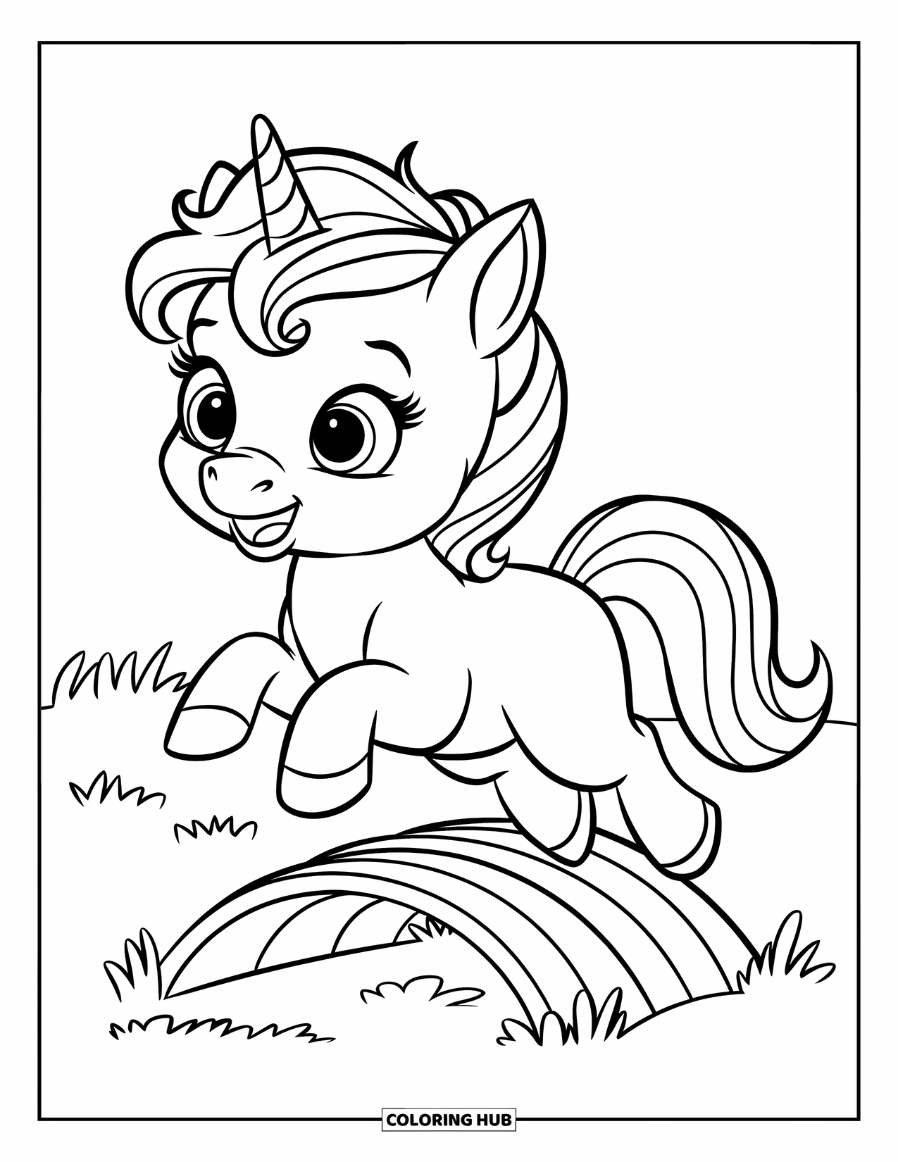 Baby Eenhoorn Kleurplaat voor Kinderen: Een baby eenhoorn met een regenboogmanen springt over een grasbrug