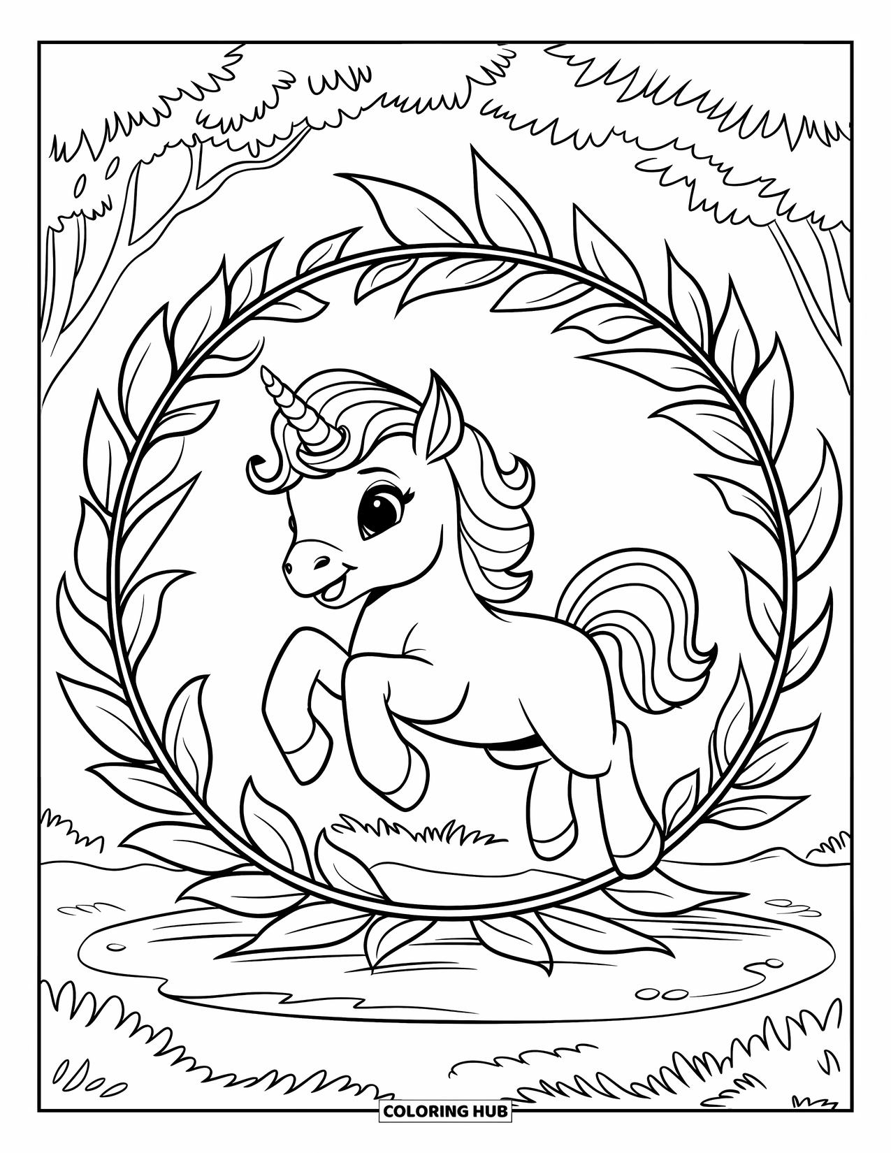 Baby Eenhoorn Kleurplaat voor Kinderen: Een gekroonde eenhoorn springt door een cirkel van spiraalvormige bladeren