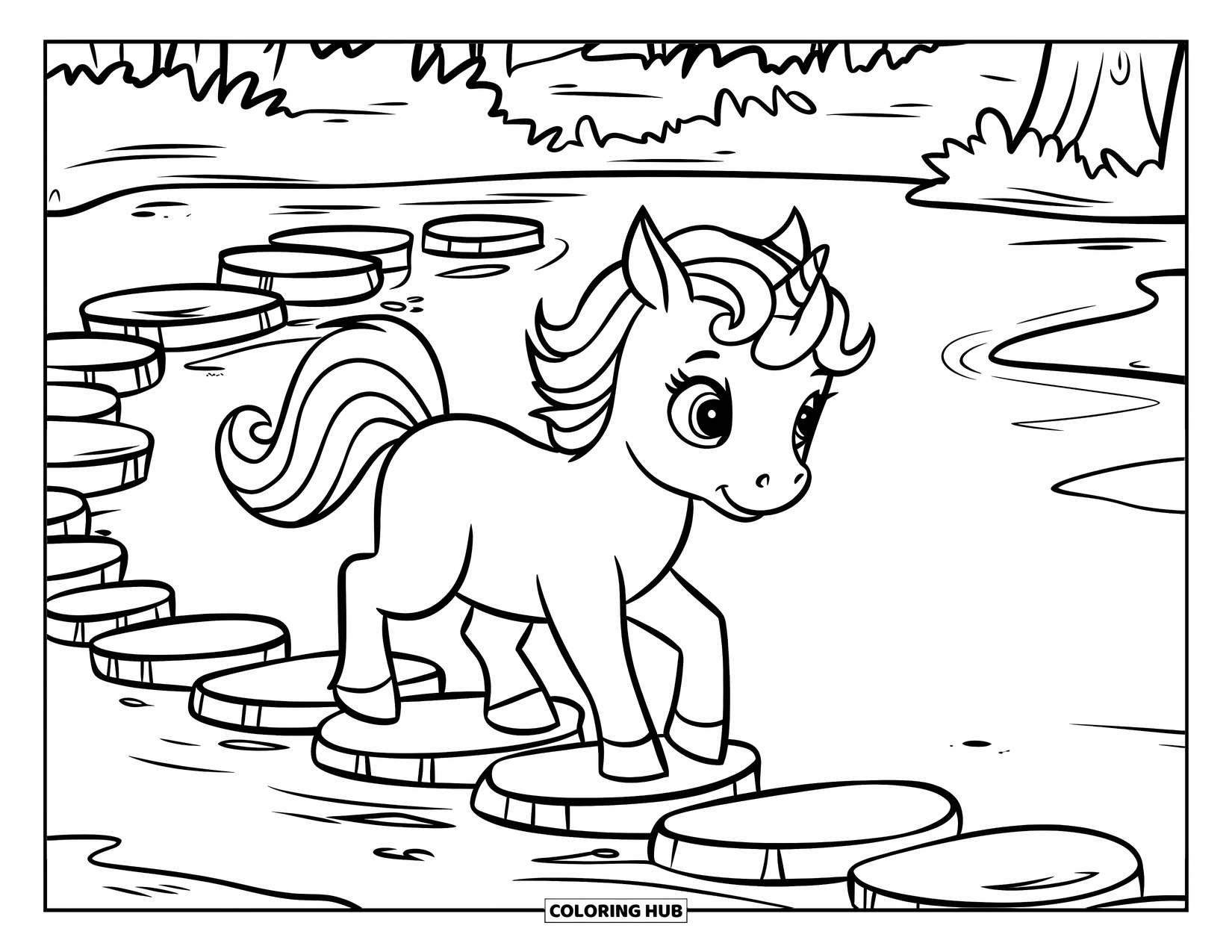 Baby Eenhoorn Kleurplaat voor Kinderen: Een gekroonde eenhoorn loopt voorzichtig over een klein riviertje