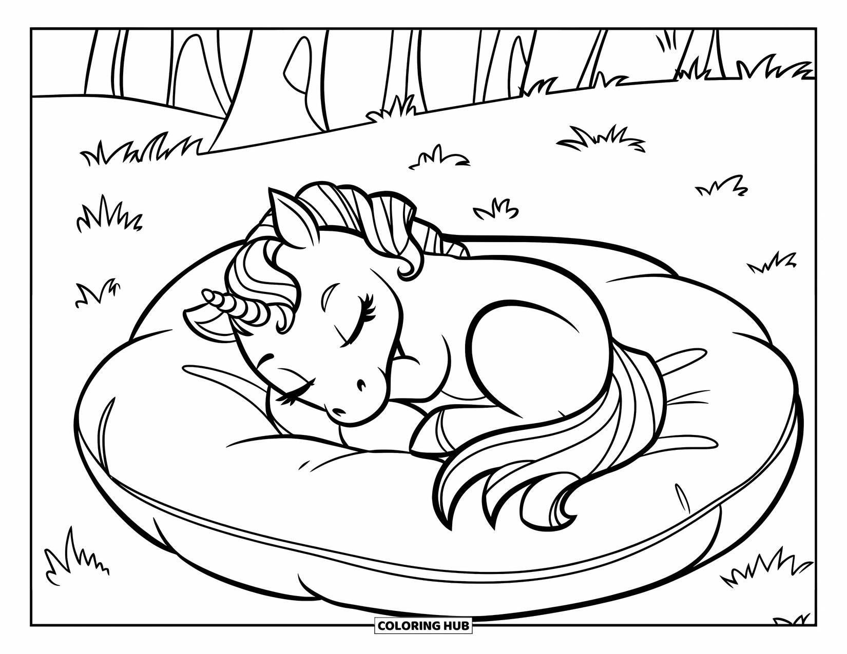 Baby Eenhoorn Kleurplaat voor Kinderen: Een slaperige eenhoorn krult zich op een zacht kussen in het gras
