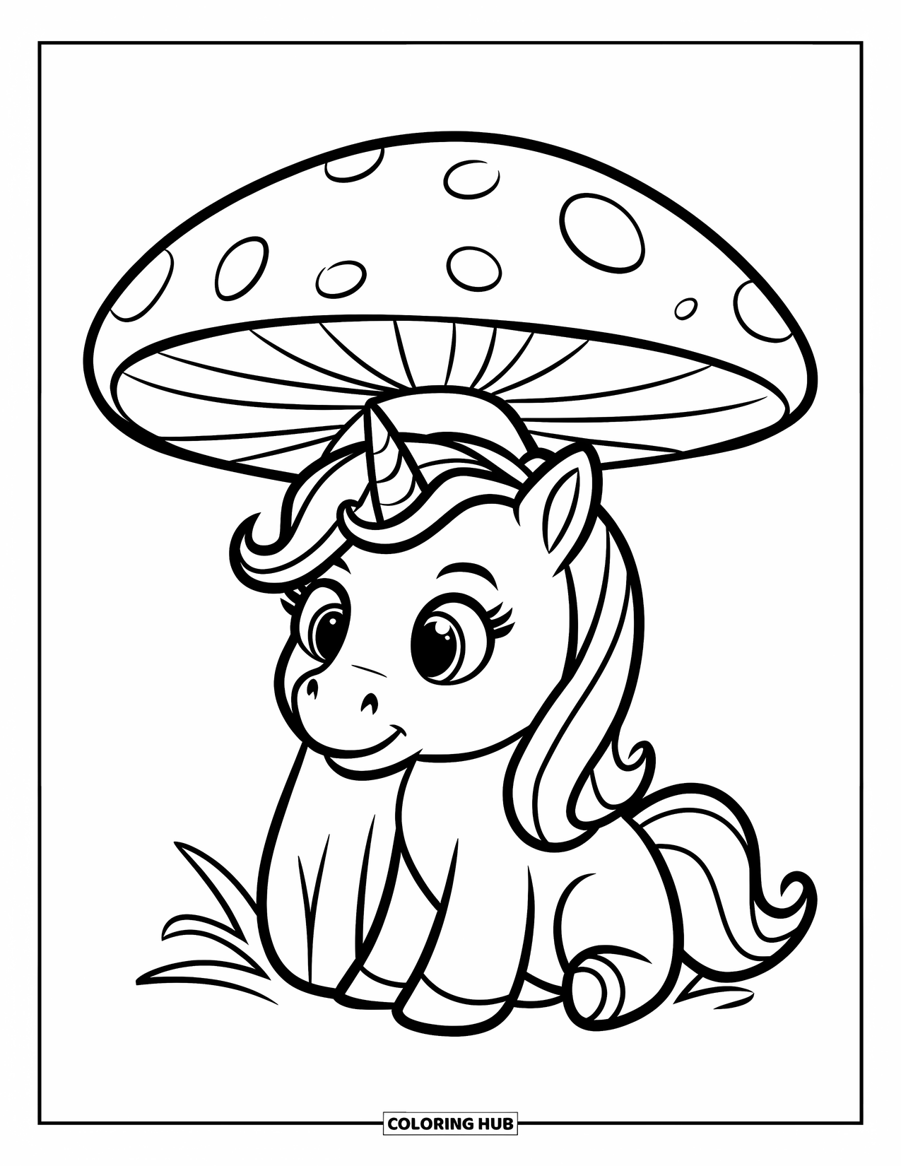 Baby Eenhoorn Kleurplaat voor Kinderen: Een lieve eenhoorn ontspant zich onder een gigantische paddenstoel