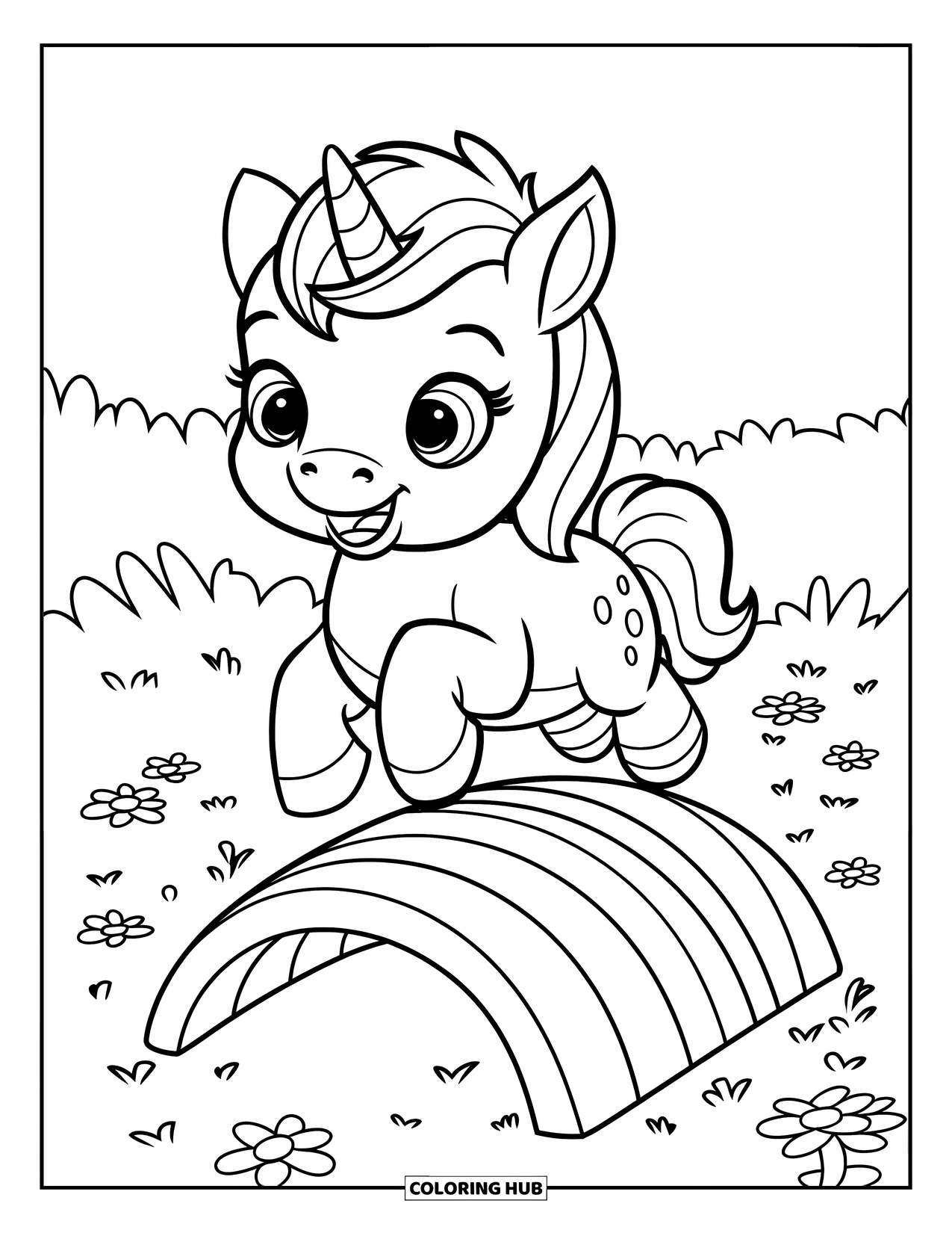 Baby Eenhoorn Kleurplaat voor Kinderen: Een eenhoorn springt over een regenboogbrug in een zonnige weide