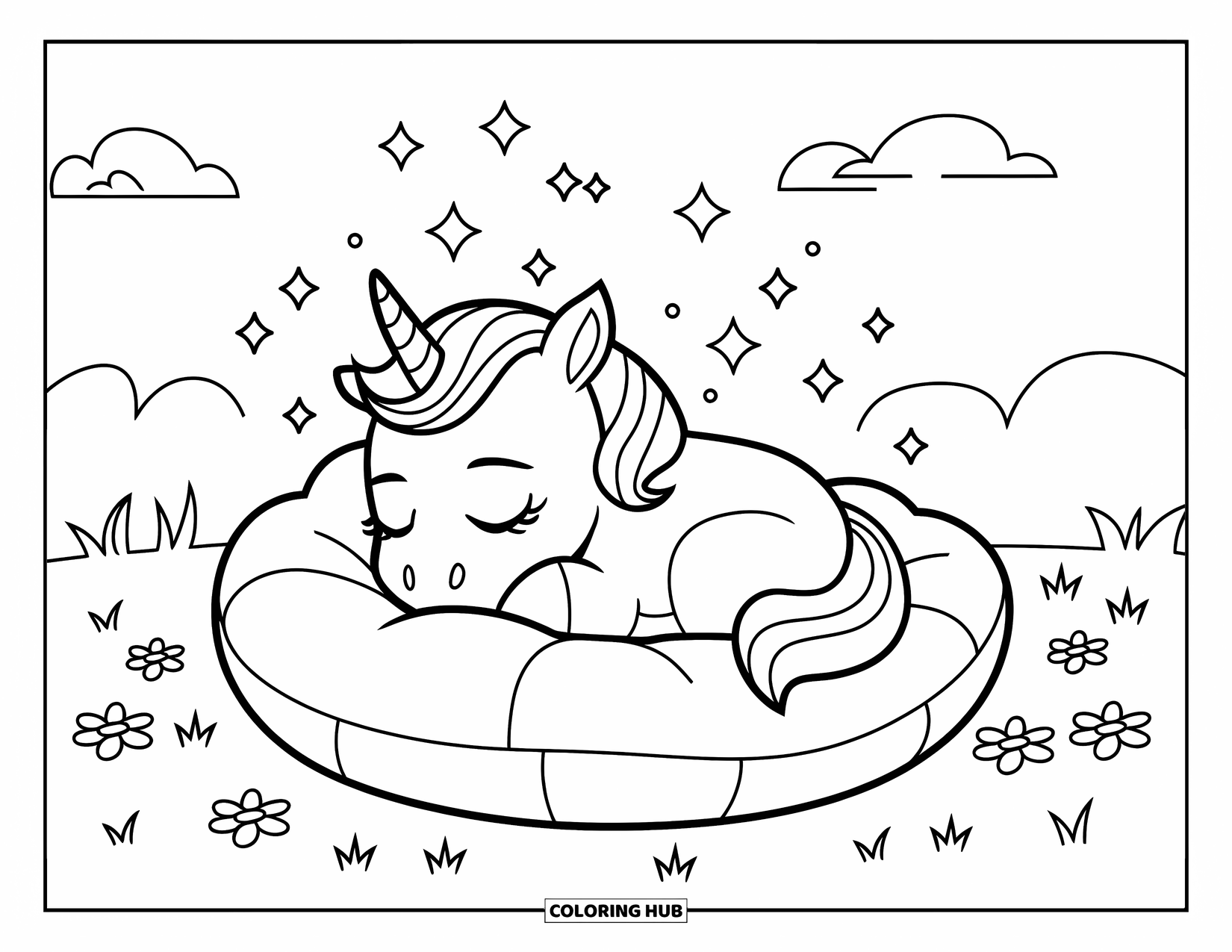 Baby Eenhoorn Kleurplaat voor Kinderen: Een eenhoorn doet vredig een dutje op een kussen omringd door glitters en bloemen