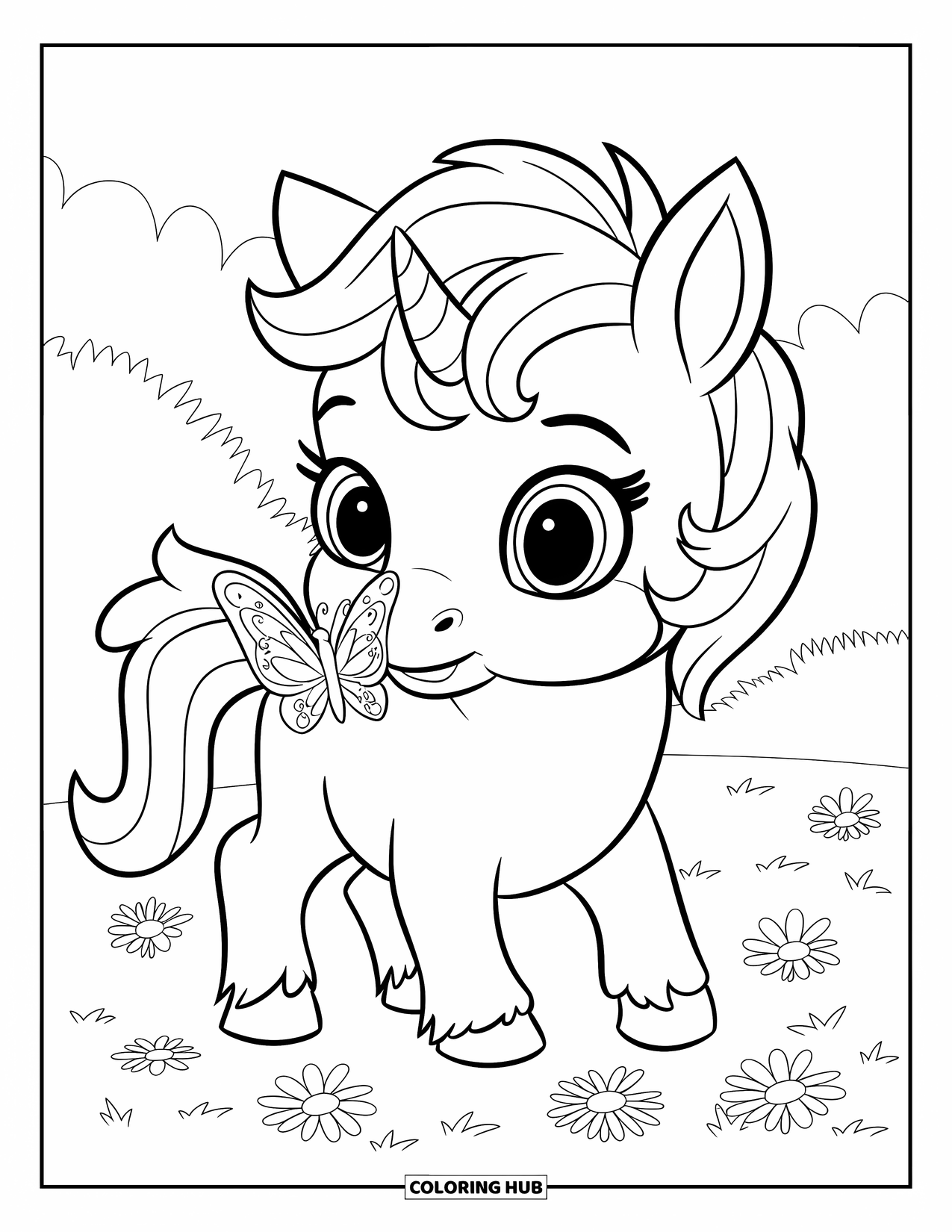 Baby Eenhoorn Kleurplaat voor Kinderen: Een eenhoorn glimlacht met een vlinder op zijn neus