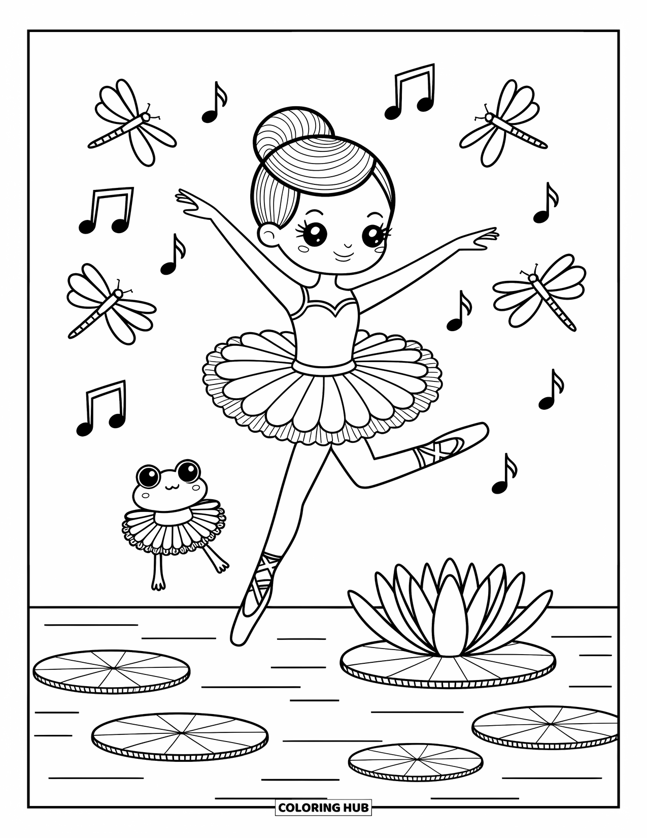Ballerina Coloring Page for Adults: A ballerina and her frog friend leap across lily pads with dragonflies flying overhead